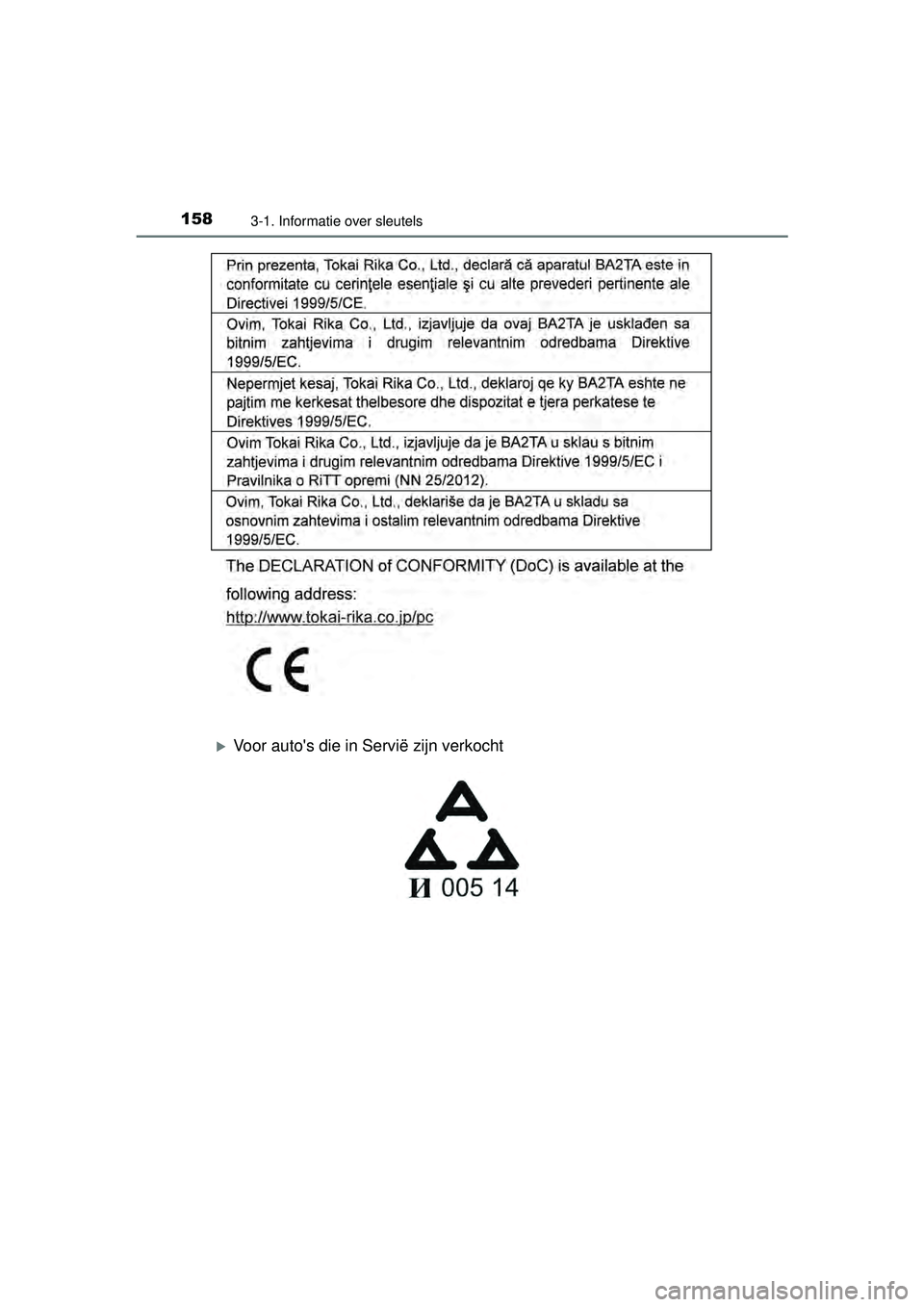TOYOTA HILUX 2016  Instructieboekje (in Dutch) 1583-1. Informatie over sleutels
HILUX_OM_OM0K269E_(EE)
Voor autos die in Servië zijn verkocht
HILUX_OM_OM0K269E_(EE).book  Page 158  Monday, March 7, 2016  2:16 PM 