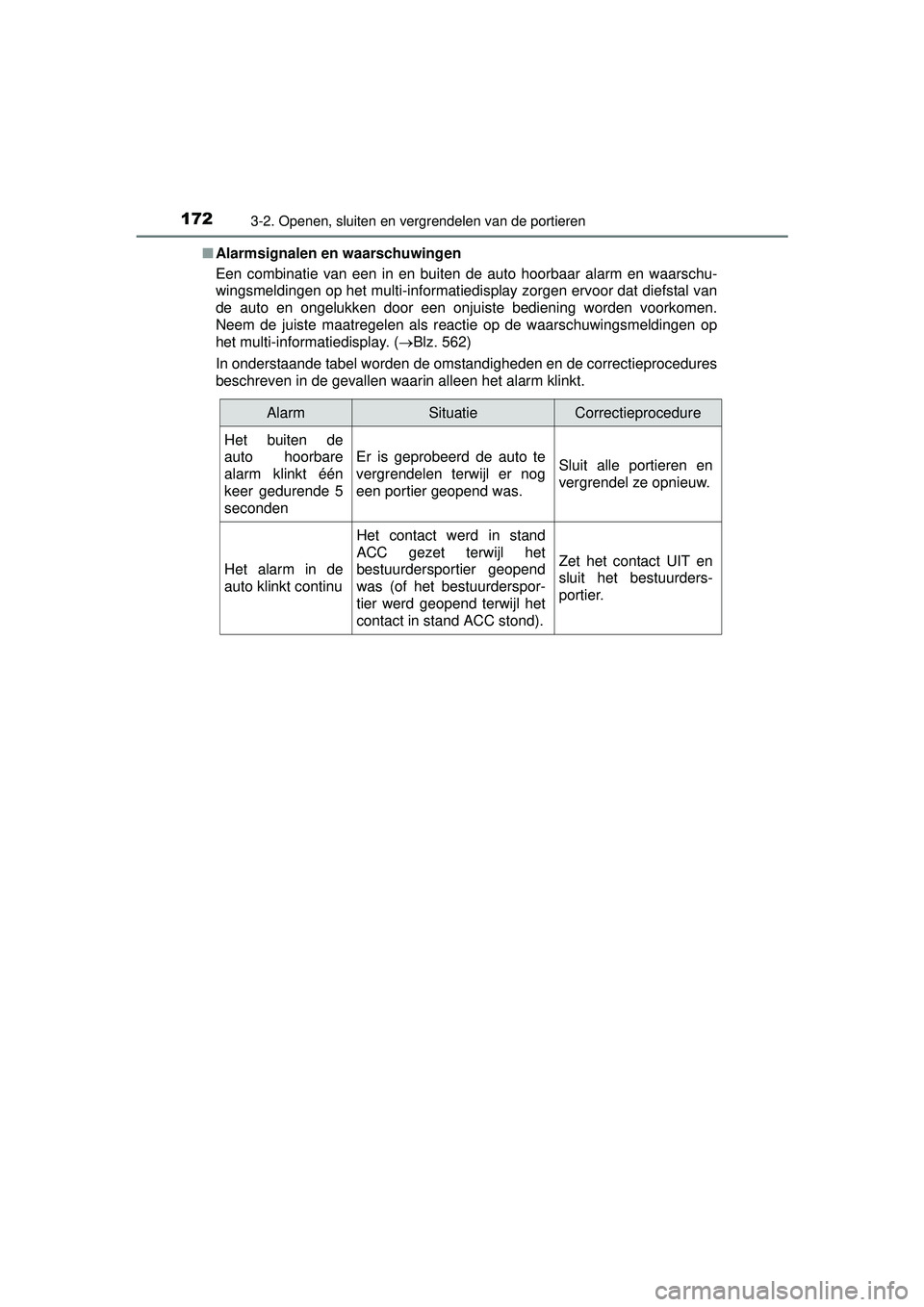 TOYOTA HILUX 2016  Instructieboekje (in Dutch) 1723-2. Openen, sluiten en vergrendelen van de portieren
HILUX_OM_OM0K269E_(EE)■
Alarmsignalen en waarschuwingen
Een combinatie van een in en buiten de auto hoorbaar alarm en waarschu-
wingsmeldinge