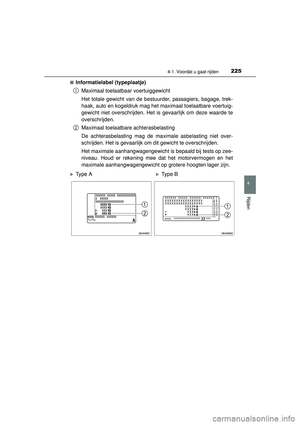 TOYOTA HILUX 2016  Instructieboekje (in Dutch) 2254-1. Voordat u gaat rijden
4
Rijden
HILUX_OM_OM0K269E_(EE)■
Informatielabel (typeplaatje)
Maximaal toelaatbaar voertuiggewicht
Het totale gewicht van de best uurder, passagiers, bagage, trek-
haa