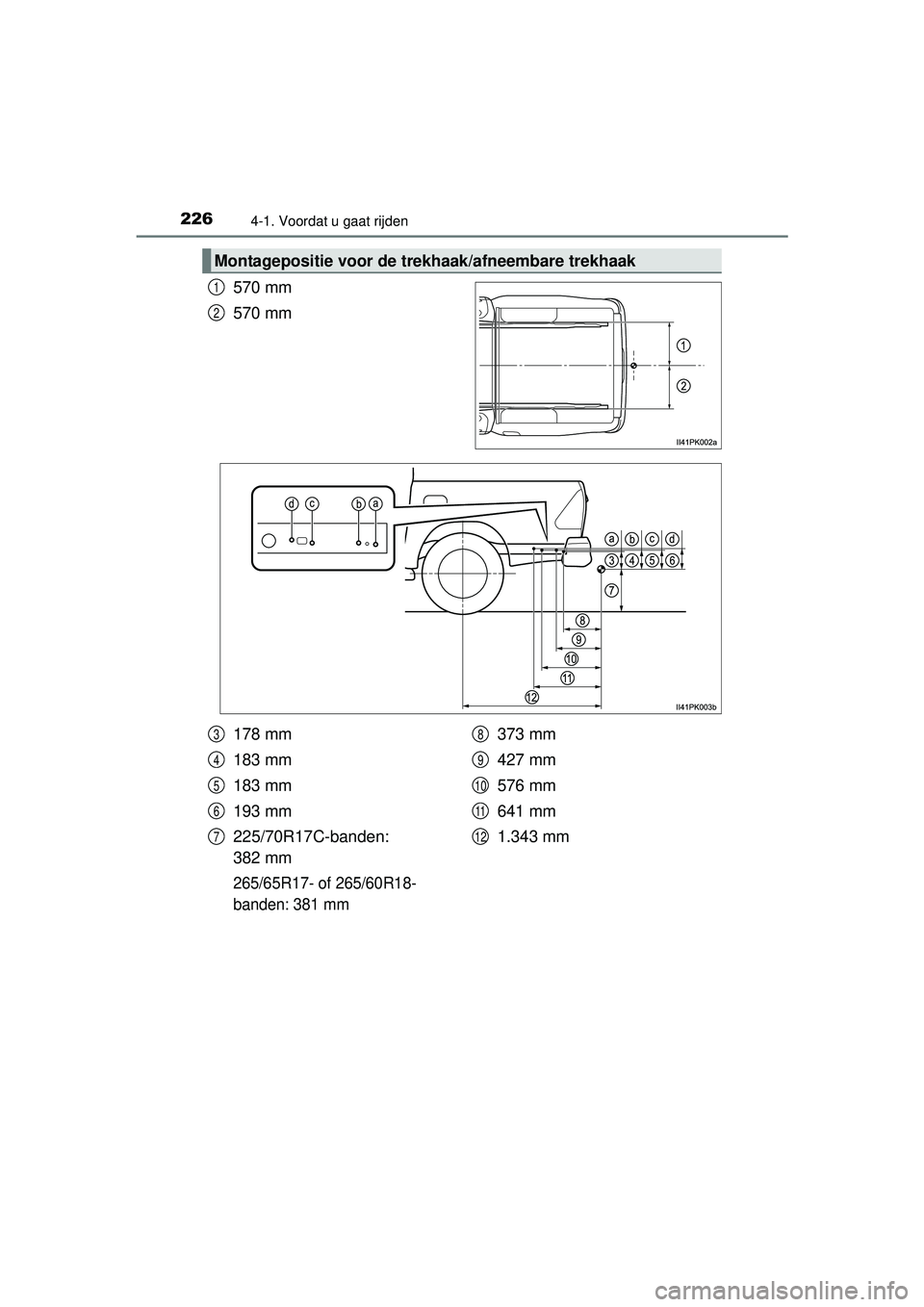 TOYOTA HILUX 2016  Instructieboekje (in Dutch) 2264-1. Voordat u gaat rijden
HILUX_OM_OM0K269E_(EE)
570 mm
570 mm
Montagepositie voor de trekhaak/afneembare trekhaak
1
2
178 mm
183 mm
183 mm
193 mm
225/70R17C-banden: 
382 mm
265/65R17- of 265/60R1