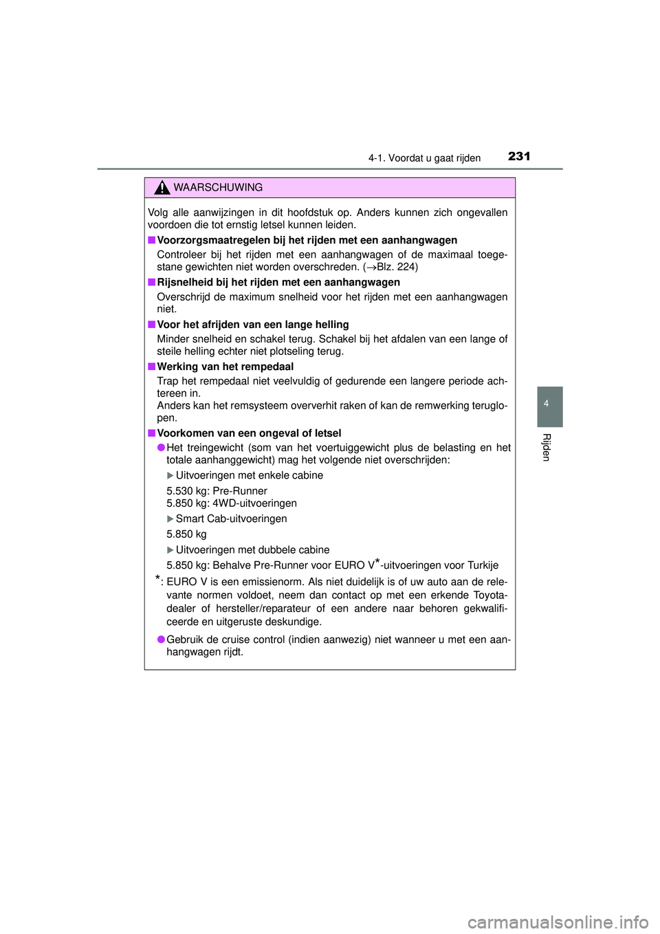 TOYOTA HILUX 2016  Instructieboekje (in Dutch) 2314-1. Voordat u gaat rijden
4
Rijden
HILUX_OM_OM0K269E_(EE)
WAARSCHUWING
Volg alle aanwijzingen in dit hoofdstuk op. Anders kunnen zich ongevallen
voordoen die tot ernstig letsel kunnen leiden.
■V
