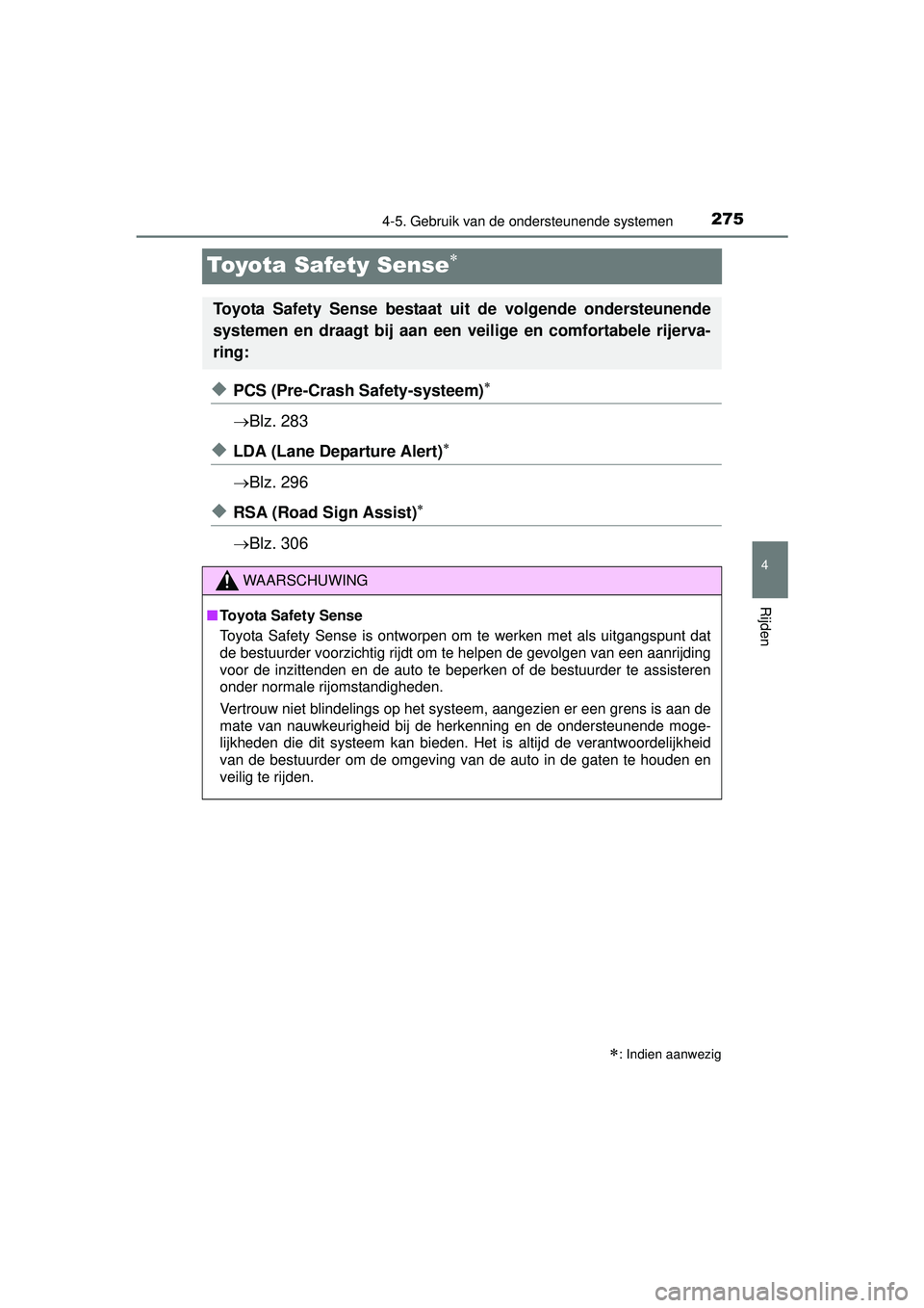 TOYOTA HILUX 2016 Instructieboekje (in Dutch) 275
4
4-5. Gebruik van de ondersteunende systemen
Rijden
HILUX_OM_OM0K269E_(EE)
Toyota Safety Sense
◆PCS (Pre-Crash Safety-systeem)
Blz. 283
◆LDA (Lane Departure Alert)
Blz. 296
◆ TOYOTA HILUX 2016 Instructieboekje (in Dutch) 275
4
4-5. Gebruik van de ondersteunende systemen
Rijden
HILUX_OM_OM0K269E_(EE)
Toyota Safety Sense
◆PCS (Pre-Crash Safety-systeem)
Blz. 283
◆LDA (Lane Departure Alert)
Blz. 296
◆