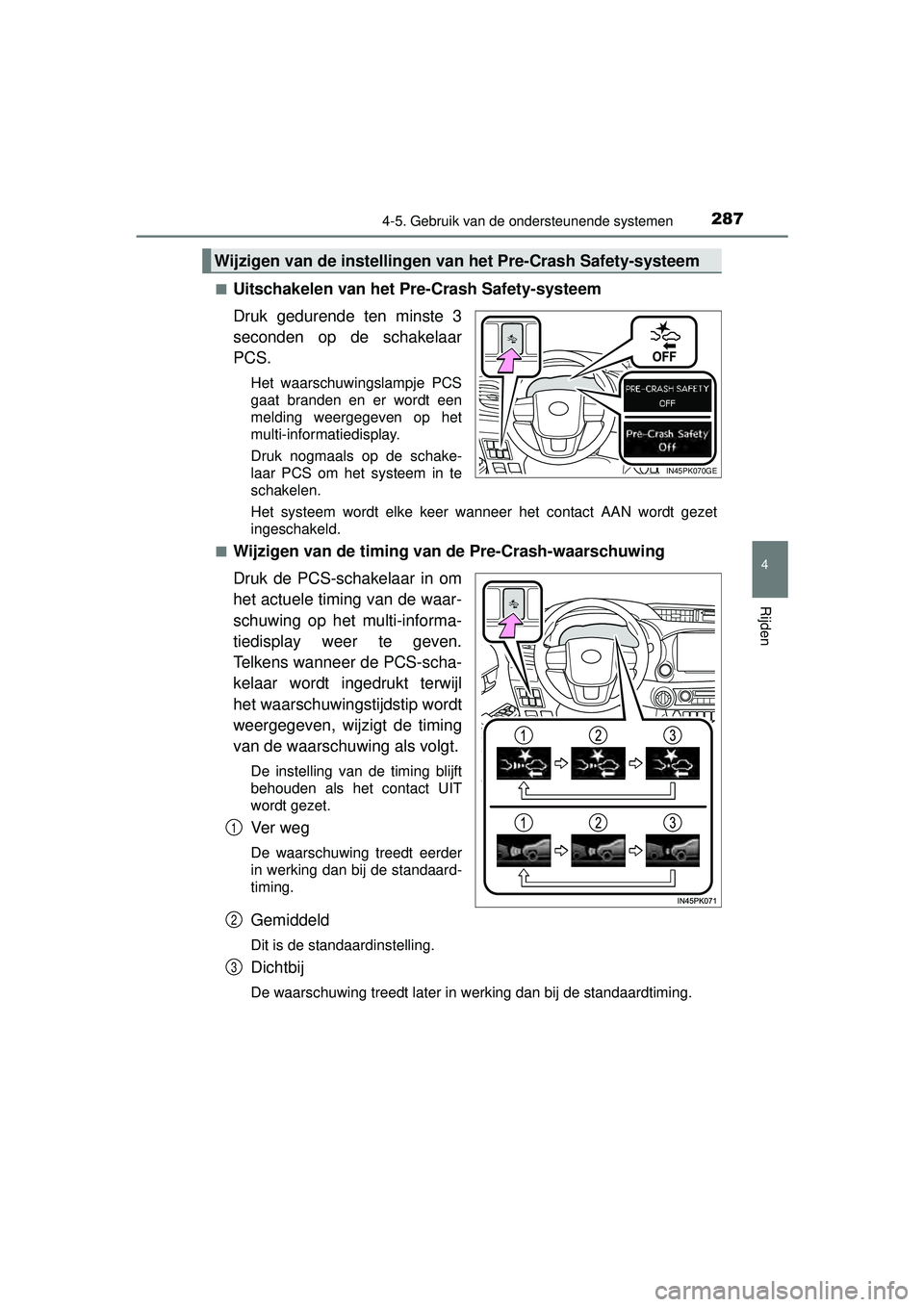 TOYOTA HILUX 2016 Instructieboekje (in Dutch) 2874-5. Gebruik van de ondersteunende systemen
4
Rijden
HILUX_OM_OM0K269E_(EE)■
Uitschakelen van het Pre-Crash Safety-systeem
Druk gedurende ten minste 3
seconden op de schakelaar
PCS.
Het waarschuw TOYOTA HILUX 2016 Instructieboekje (in Dutch) 2874-5. Gebruik van de ondersteunende systemen
4
Rijden
HILUX_OM_OM0K269E_(EE)■
Uitschakelen van het Pre-Crash Safety-systeem
Druk gedurende ten minste 3
seconden op de schakelaar
PCS.
Het waarschuw