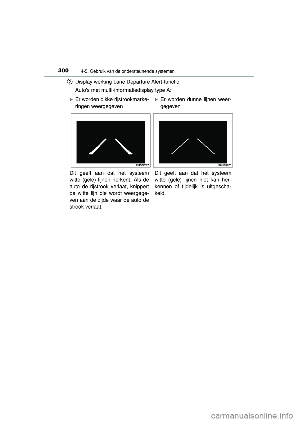TOYOTA HILUX 2016  Instructieboekje (in Dutch) 3004-5. Gebruik van de ondersteunende systemen
HILUX_OM_OM0K269E_(EE)
Display werking Lane Departure Alert-functie
Autos met multi-informatiedisplay type A:2
Er worden dikke rijstrookmarke-
ringen