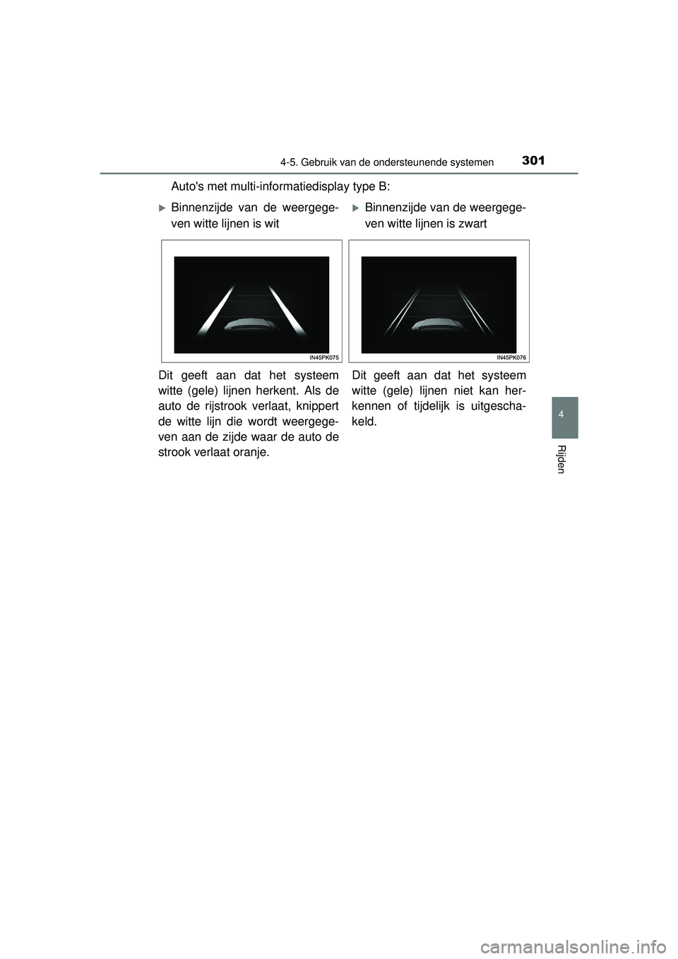 TOYOTA HILUX 2016  Instructieboekje (in Dutch) 3014-5. Gebruik van de ondersteunende systemen
4
Rijden
HILUX_OM_OM0K269E_(EE)
Autos met multi-informatiedisplay type B:
Binnenzijde van de weergege-
ven witte lijnen is witBinnenzijde van de w