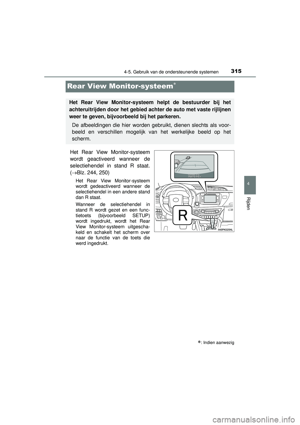TOYOTA HILUX 2016  Instructieboekje (in Dutch) 315
4
4-5. Gebruik van de ondersteunende systemen
Rijden
HILUX_OM_OM0K269E_(EE)
Rear View Monitor-systeem
Het Rear View Monitor-systeem
wordt geactiveerd wanneer de
selectiehendel in stand R staat.