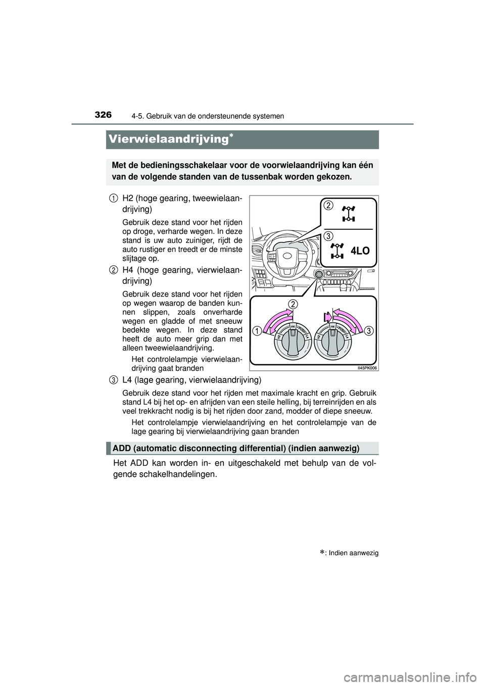 TOYOTA HILUX 2016 Instructieboekje (in Dutch) 3264-5. Gebruik van de ondersteunende systemen
HILUX_OM_OM0K269E_(EE)
Vierwielaandrijving
H2 (hoge gearing, tweewielaan-
drijving)
Gebruik deze stand voor het rijden
op droge, verharde wegen. In de TOYOTA HILUX 2016 Instructieboekje (in Dutch) 3264-5. Gebruik van de ondersteunende systemen
HILUX_OM_OM0K269E_(EE)
Vierwielaandrijving
H2 (hoge gearing, tweewielaan-
drijving)
Gebruik deze stand voor het rijden
op droge, verharde wegen. In de