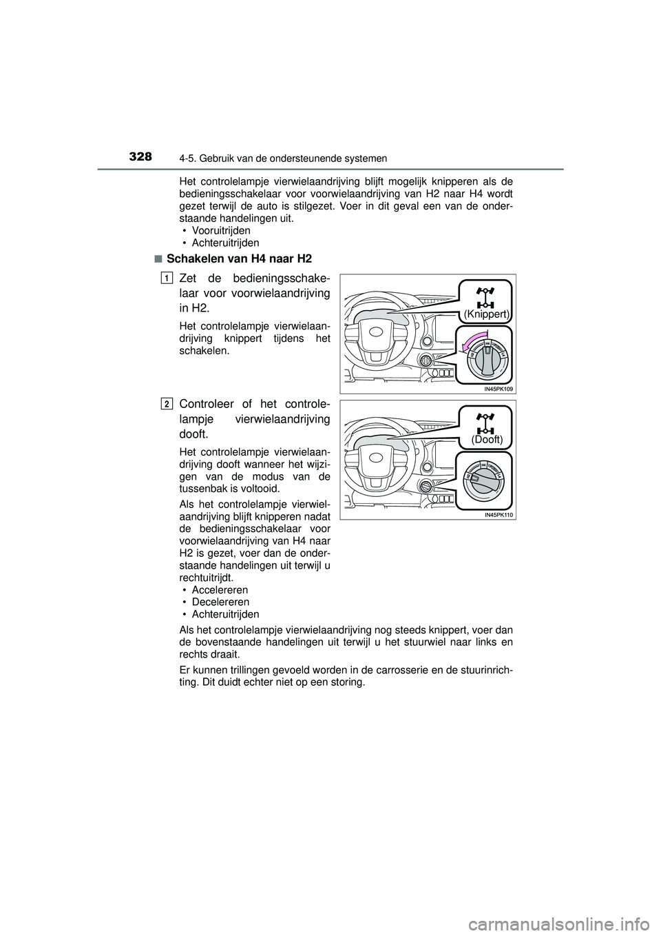 TOYOTA HILUX 2016 Instructieboekje (in Dutch) 3284-5. Gebruik van de ondersteunende systemen
HILUX_OM_OM0K269E_(EE)Het controlelampje vierwielaandrijv
ing blijft mogelijk knipperen als de
bedieningsschakelaar voor voorwielaandrijving van H2 naar TOYOTA HILUX 2016 Instructieboekje (in Dutch) 3284-5. Gebruik van de ondersteunende systemen
HILUX_OM_OM0K269E_(EE)Het controlelampje vierwielaandrijv
ing blijft mogelijk knipperen als de
bedieningsschakelaar voor voorwielaandrijving van H2 naar