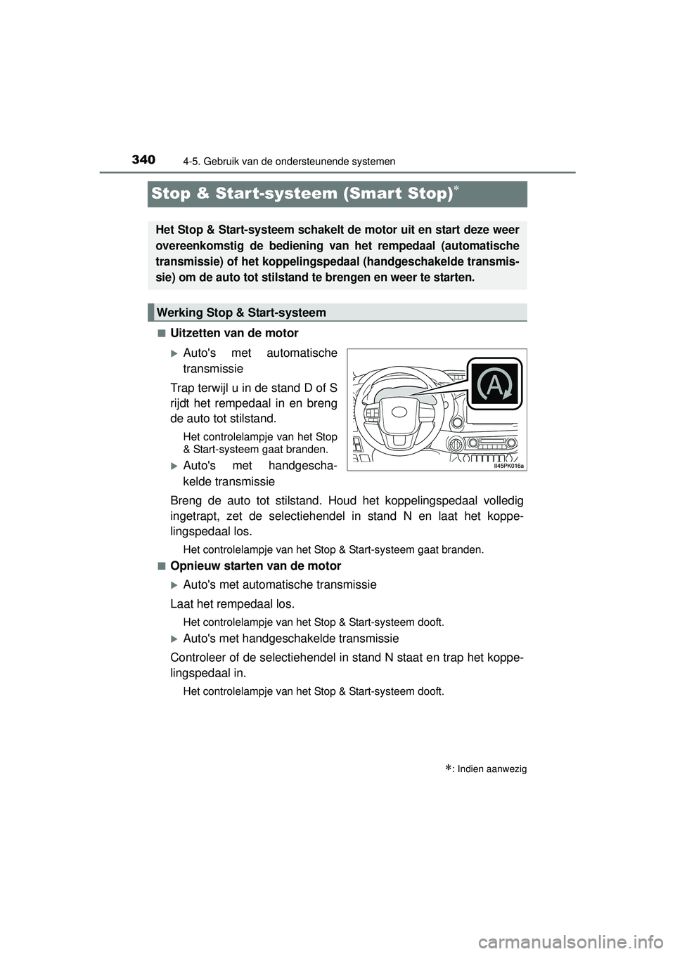 TOYOTA HILUX 2016  Instructieboekje (in Dutch) 3404-5. Gebruik van de ondersteunende systemen
HILUX_OM_OM0K269E_(EE)
Stop & Start-systeem (Smart Stop)
■Uitzetten van de motor
Autos met automatische
transmissie
Trap terwijl u in de stand D