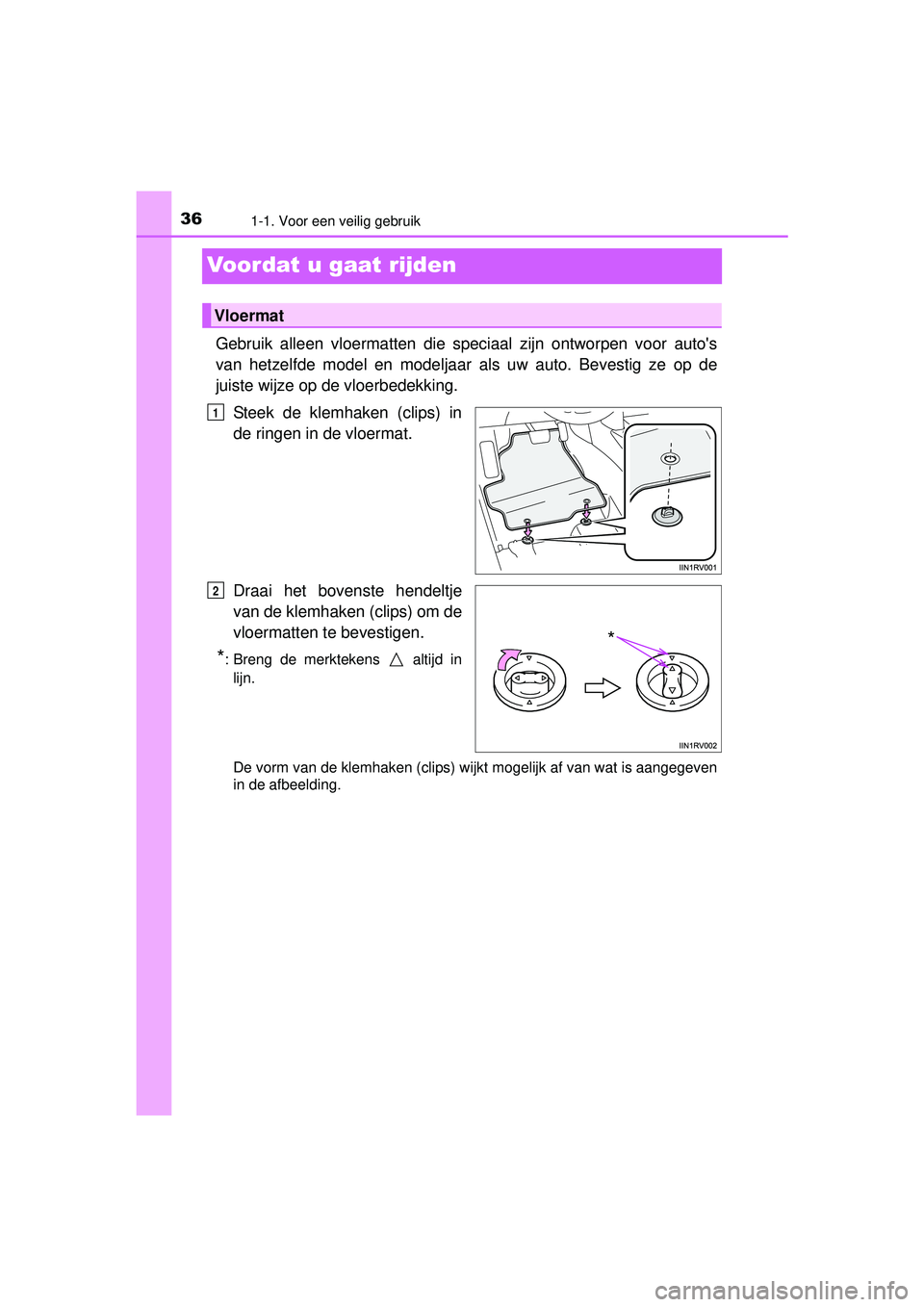 TOYOTA HILUX 2016  Instructieboekje (in Dutch) 361-1. Voor een veilig gebruik
HILUX_OM_OM0K269E_(EE)
Voordat u gaat rijden
Gebruik alleen vloermatten die speciaal zijn ontworpen voor autos
van hetzelfde model en modeljaar  als uw auto. Bevestig z
