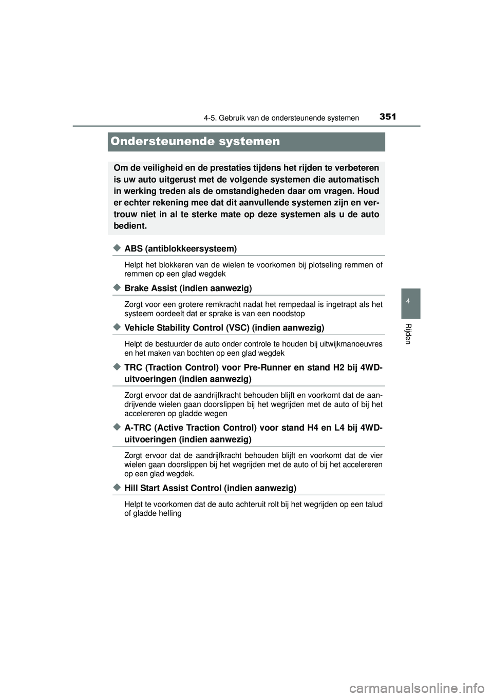 TOYOTA HILUX 2016  Instructieboekje (in Dutch) 351
4
4-5. Gebruik van de ondersteunende systemen
Rijden
HILUX_OM_OM0K269E_(EE)
Ondersteunende systemen
◆ABS (antiblokkeersysteem)
Helpt het blokkeren van de wielen te voorkomen bij plotseling remme