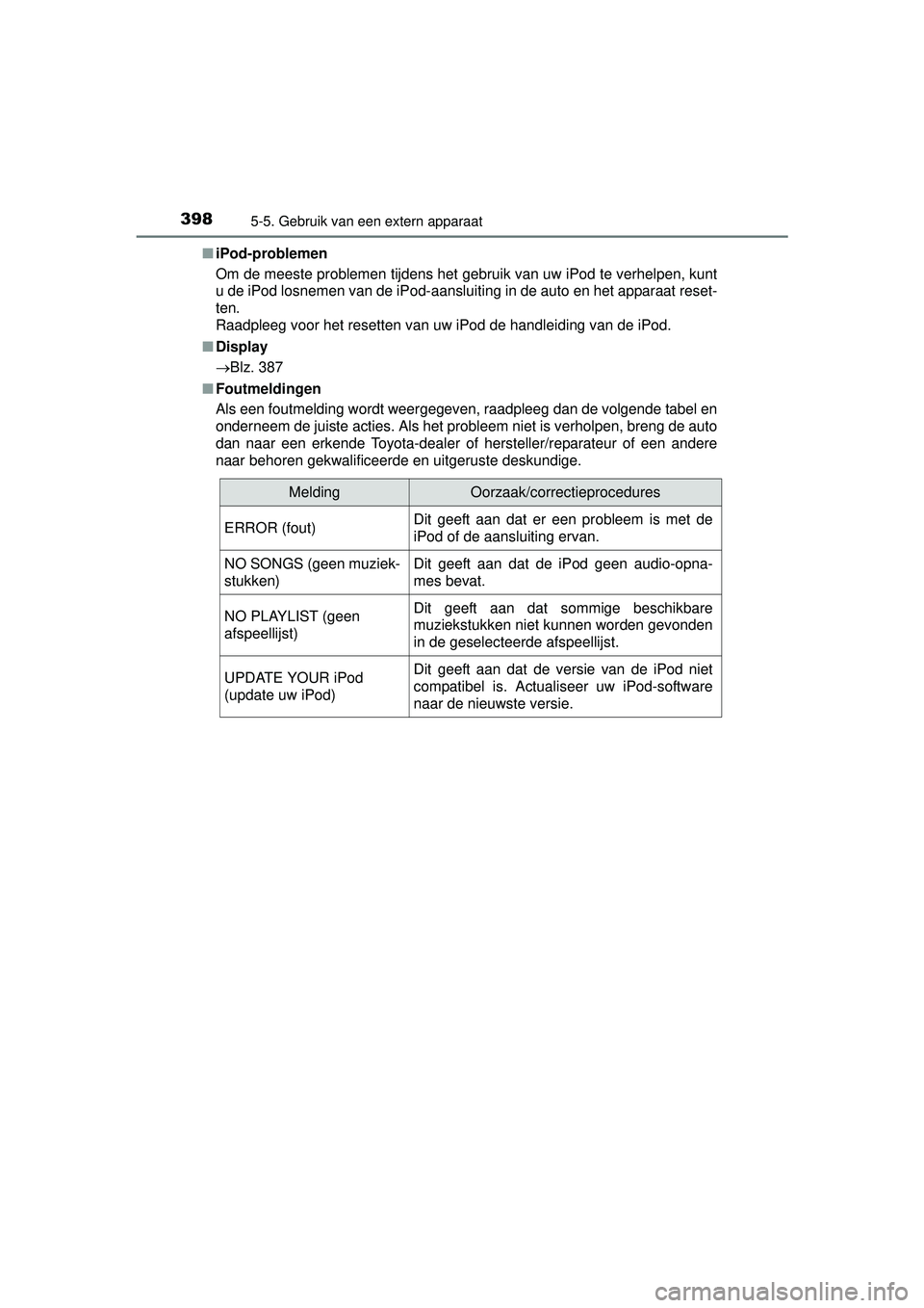 TOYOTA HILUX 2016  Instructieboekje (in Dutch) 3985-5. Gebruik van een extern apparaat
HILUX_OM_OM0K269E_(EE)■
iPod-problemen
Om de meeste problemen tijdens het gebruik van uw iPod te verhelpen, kunt
u de iPod losnemen van de iPod-aansluiting in
