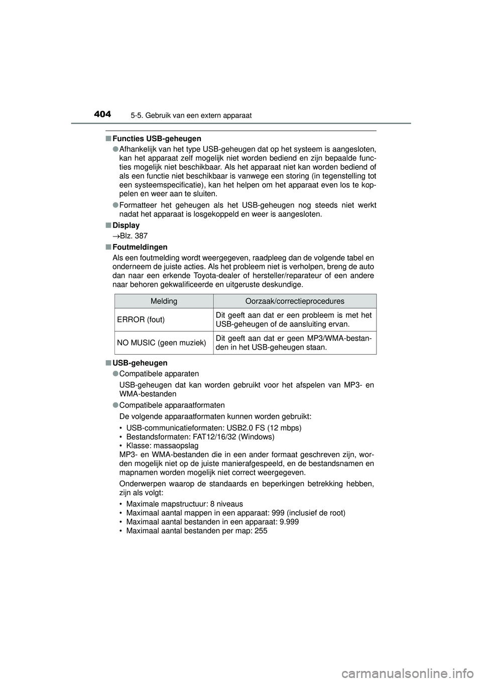 TOYOTA HILUX 2016  Instructieboekje (in Dutch) 4045-5. Gebruik van een extern apparaat
HILUX_OM_OM0K269E_(EE)
■Functies USB-geheugen
●Afhankelijk van het type USB-geheugen dat op het systeem is aangesloten,
kan het apparaat zelf mogelijk niet 