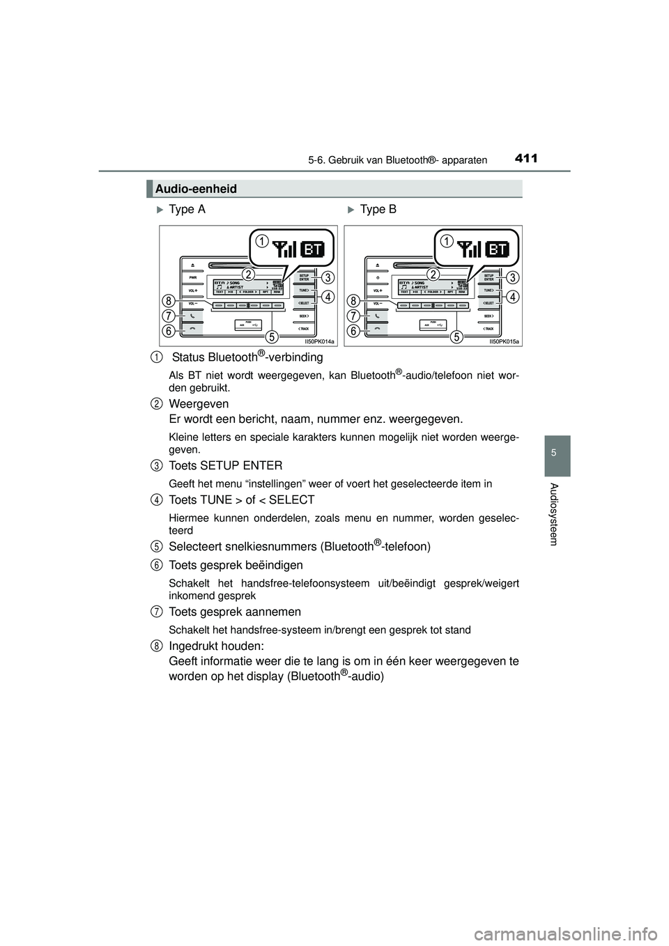 TOYOTA HILUX 2016 Instructieboekje (in Dutch) 4115-6. Gebruik van Bluetooth®- apparaten
5
Audiosysteem
HILUX_OM_OM0K269E_(EE)
Status Bluetooth®-verbinding
Als BT niet wordt weergegeven, kan Bluetooth®-audio/telefoon niet wor-
den gebruikt.
We TOYOTA HILUX 2016 Instructieboekje (in Dutch) 4115-6. Gebruik van Bluetooth®- apparaten
5
Audiosysteem
HILUX_OM_OM0K269E_(EE)
Status Bluetooth®-verbinding
Als BT niet wordt weergegeven, kan Bluetooth®-audio/telefoon niet wor-
den gebruikt.
We