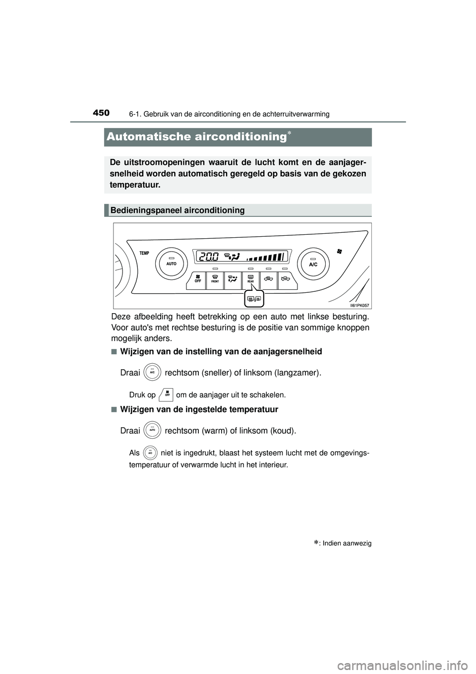 TOYOTA HILUX 2016  Instructieboekje (in Dutch) 4506-1. Gebruik van de airconditioning en de achterruitverwarming
HILUX_OM_OM0K269E_(EE)
Automatische airconditioning
Deze afbeelding heeft betrekking op een auto met linkse besturing.
Voor autos 