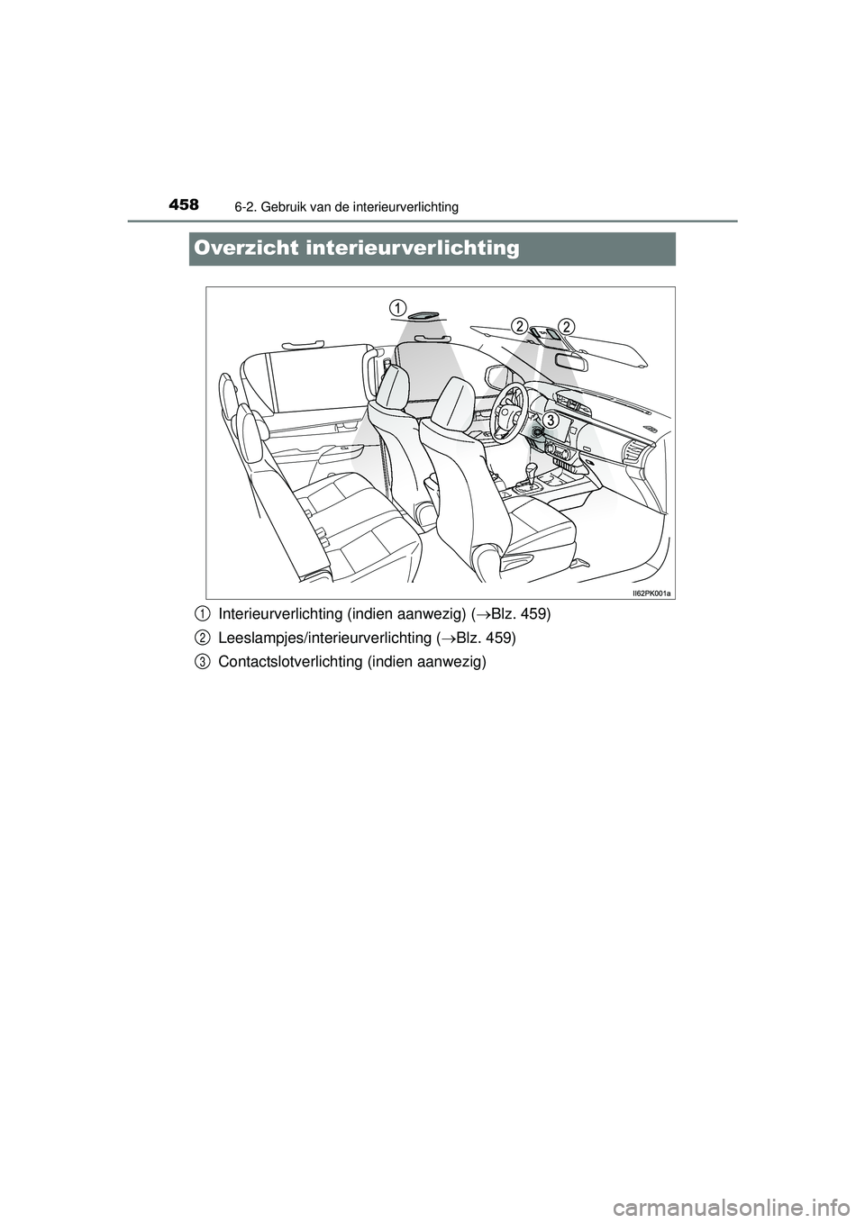 TOYOTA HILUX 2016  Instructieboekje (in Dutch) 4586-2. Gebruik van de interieurverlichting
HILUX_OM_OM0K269E_(EE)
Overzicht interieur verlichting
Interieurverlichting (indien aanwezig) (Blz. 459)
Leeslampjes/interieurverlichting ( Blz. 459)
