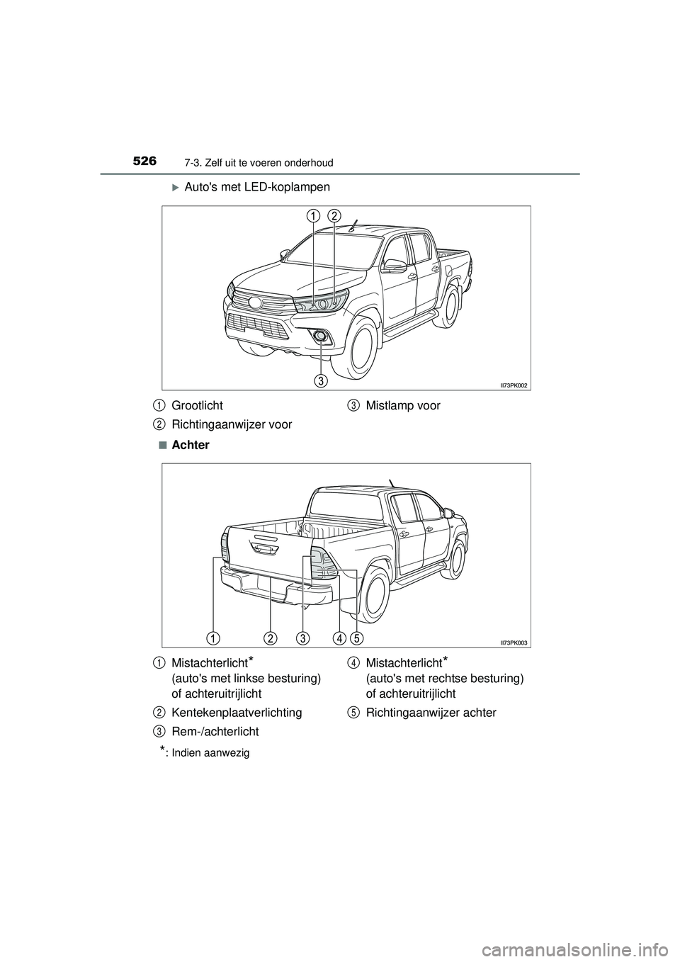 TOYOTA HILUX 2016  Instructieboekje (in Dutch) 5267-3. Zelf uit te voeren onderhoud
HILUX_OM_OM0K269E_(EE)
Autos met LED-koplampen
■Achter
*: Indien aanwezig
Grootlicht
Richtingaanwijzer voorMistlamp voor1
2
3
Mistachterlicht* 
(autos met l