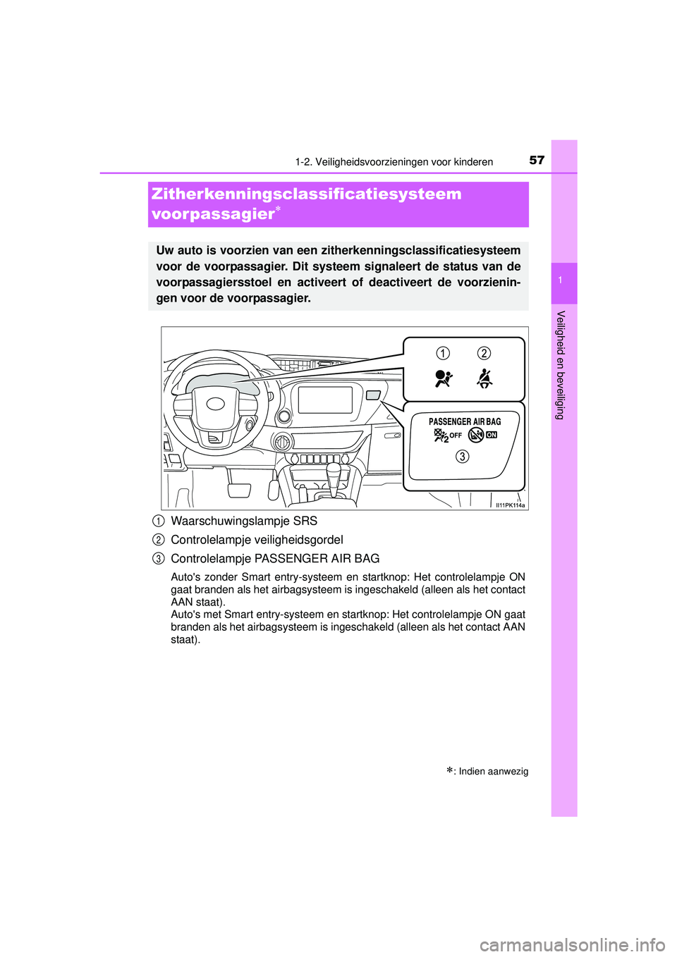 TOYOTA HILUX 2016  Instructieboekje (in Dutch) 571-2. Veiligheidsvoorzieningen voor kinderen
1
HILUX_OM_OM0K269E_(EE)
Veiligheid en beveiliging
Zitherkenningsclassificatiesysteem 
voorpassagier

Waarschuwingslampje SRS
Controlelampje veiligheid