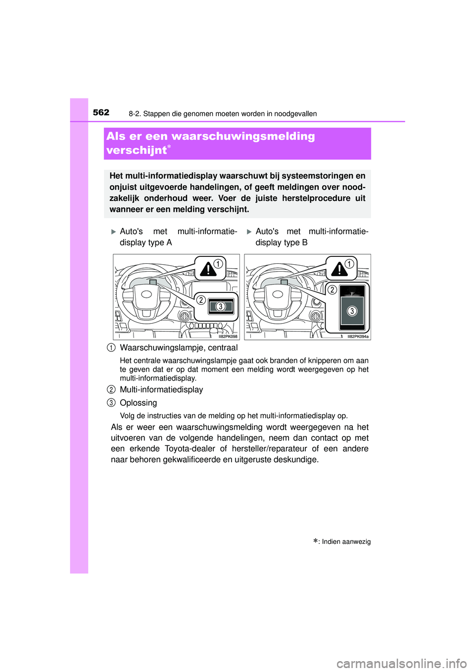 TOYOTA HILUX 2016  Instructieboekje (in Dutch) 5628-2. Stappen die genomen moeten worden in noodgevallen
HILUX_OM_OM0K269E_(EE)
Als er een waarschuwingsmelding 
ver schijnt

Waarschuwingslampje, centraal
Het centrale waarschuwingslampje gaat oo