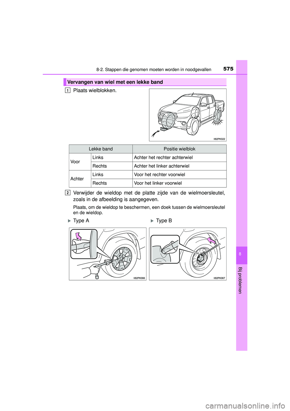 TOYOTA HILUX 2016  Instructieboekje (in Dutch) 5758-2. Stappen die genomen moeten worden in noodgevallen
HILUX_OM_OM0K269E_(EE)
8
Bij problemen
Plaats wielblokken.
Verwijder de wieldop met de platte zijde van de wielmoersleutel,
zoals in de afbeel
