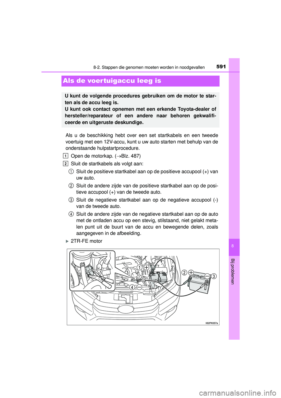 TOYOTA HILUX 2016  Instructieboekje (in Dutch) 5918-2. Stappen die genomen moeten worden in noodgevallen
HILUX_OM_OM0K269E_(EE)
8
Bij problemen
Als de voertuigaccu leeg is
Als u de beschikking hebt over een set startkabels en een tweede
voertuig m