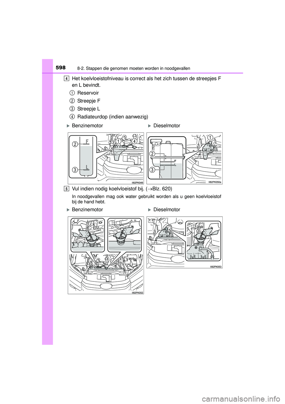 TOYOTA HILUX 2016  Instructieboekje (in Dutch) 5988-2. Stappen die genomen moeten worden in noodgevallen
HILUX_OM_OM0K269E_(EE)
Het koelvloeistofniveau is correct als het zich tussen de streepjes F
en L bevindt.Reservoir
Streepje F
Streepje L
Radi