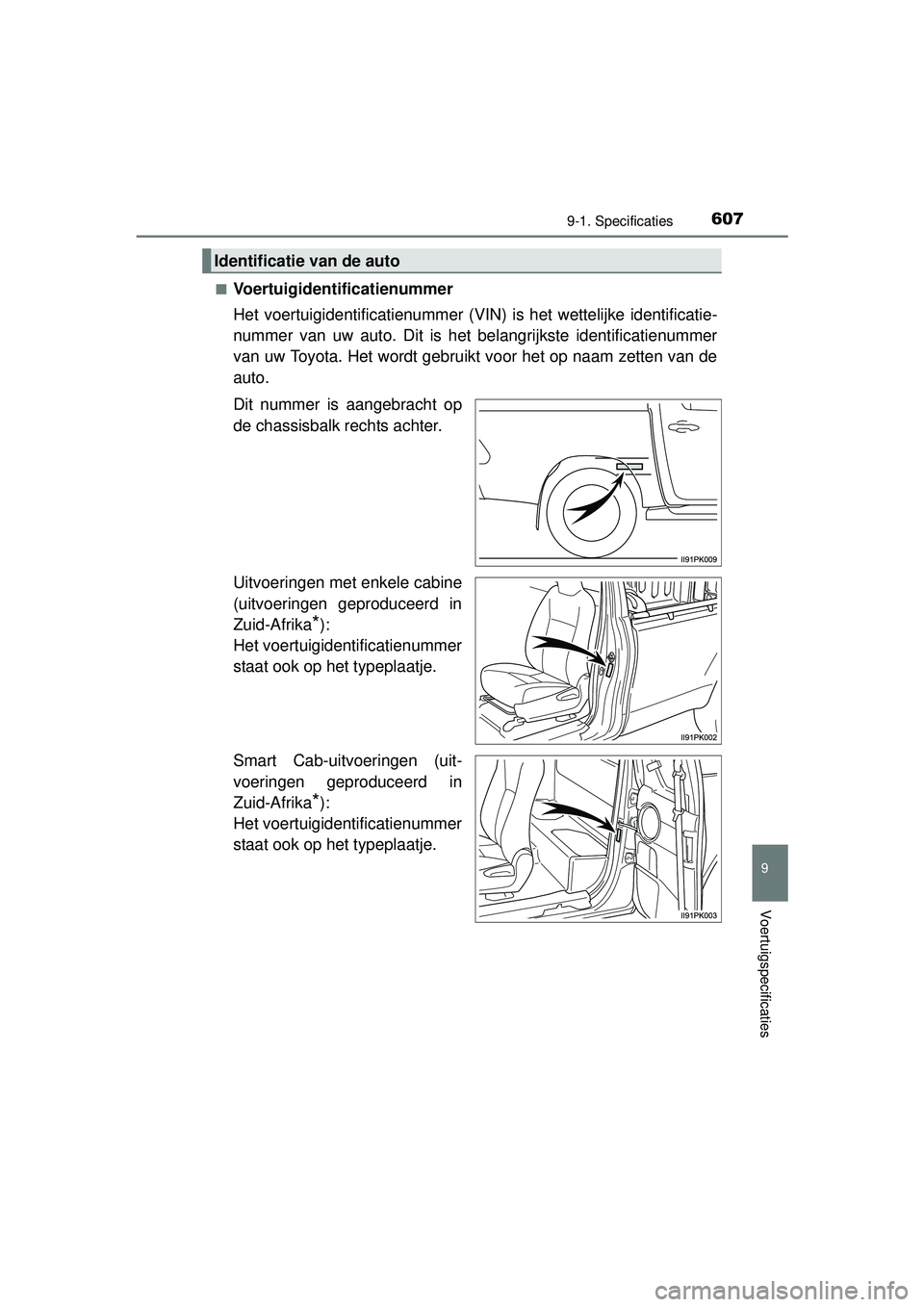 TOYOTA HILUX 2016  Instructieboekje (in Dutch) 607
9
9-1. Specificaties
Voertuigspecificaties
HILUX_OM_OM0K269E_(EE)■
Voertuigidentificatienummer
Het voertuigidentificatienummer (VIN
) is het wettelijke identificatie-
nummer van uw auto. Dit is 