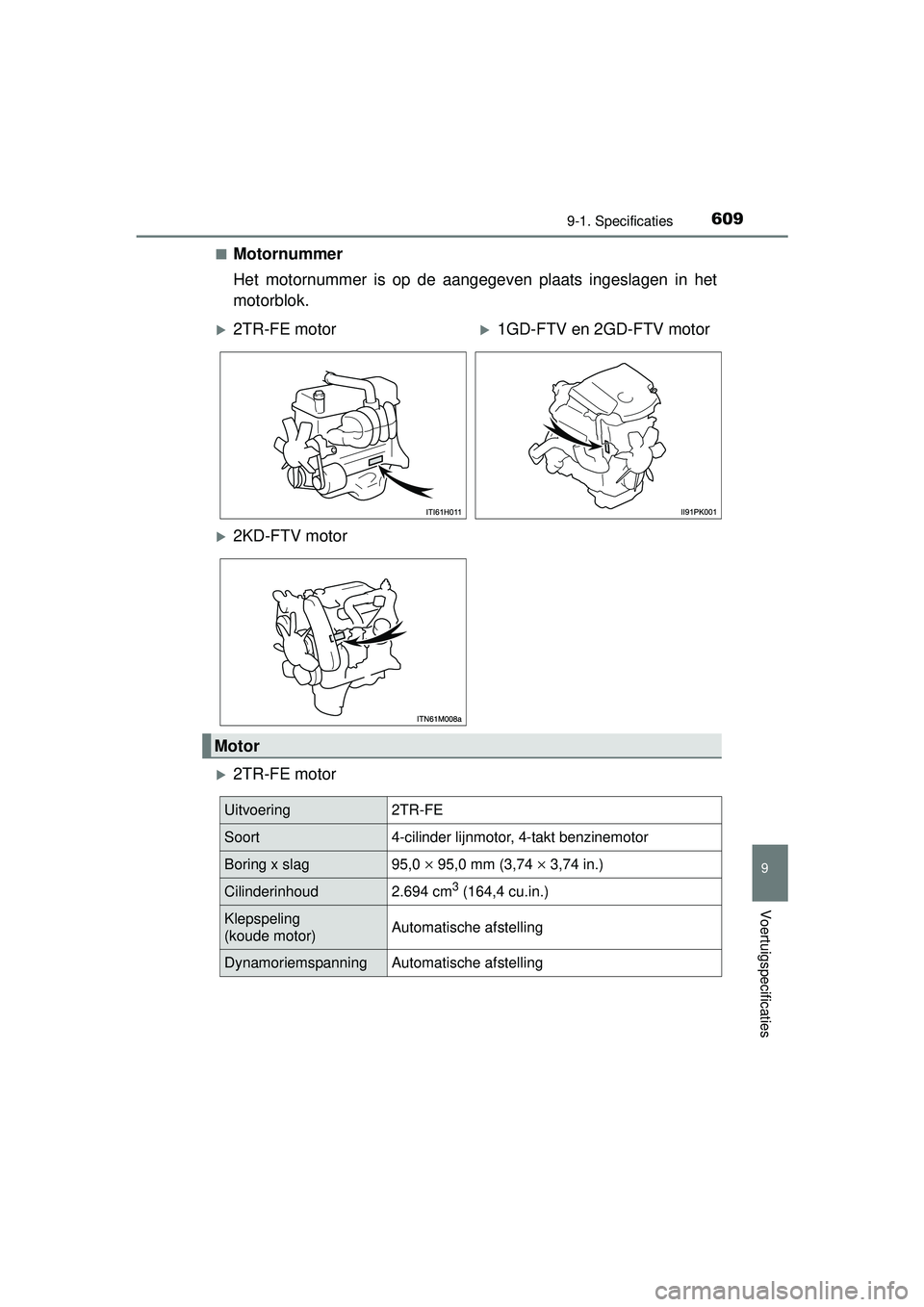 TOYOTA HILUX 2016  Instructieboekje (in Dutch) 609
9
9-1. Specificaties
Voertuigspecificaties
HILUX_OM_OM0K269E_(EE)■
Motornummer
Het motornummer is op de aangegeven plaats ingeslagen in het
motorblok.
2TR-FE motor
2TR-FE motor1GD-FTV e