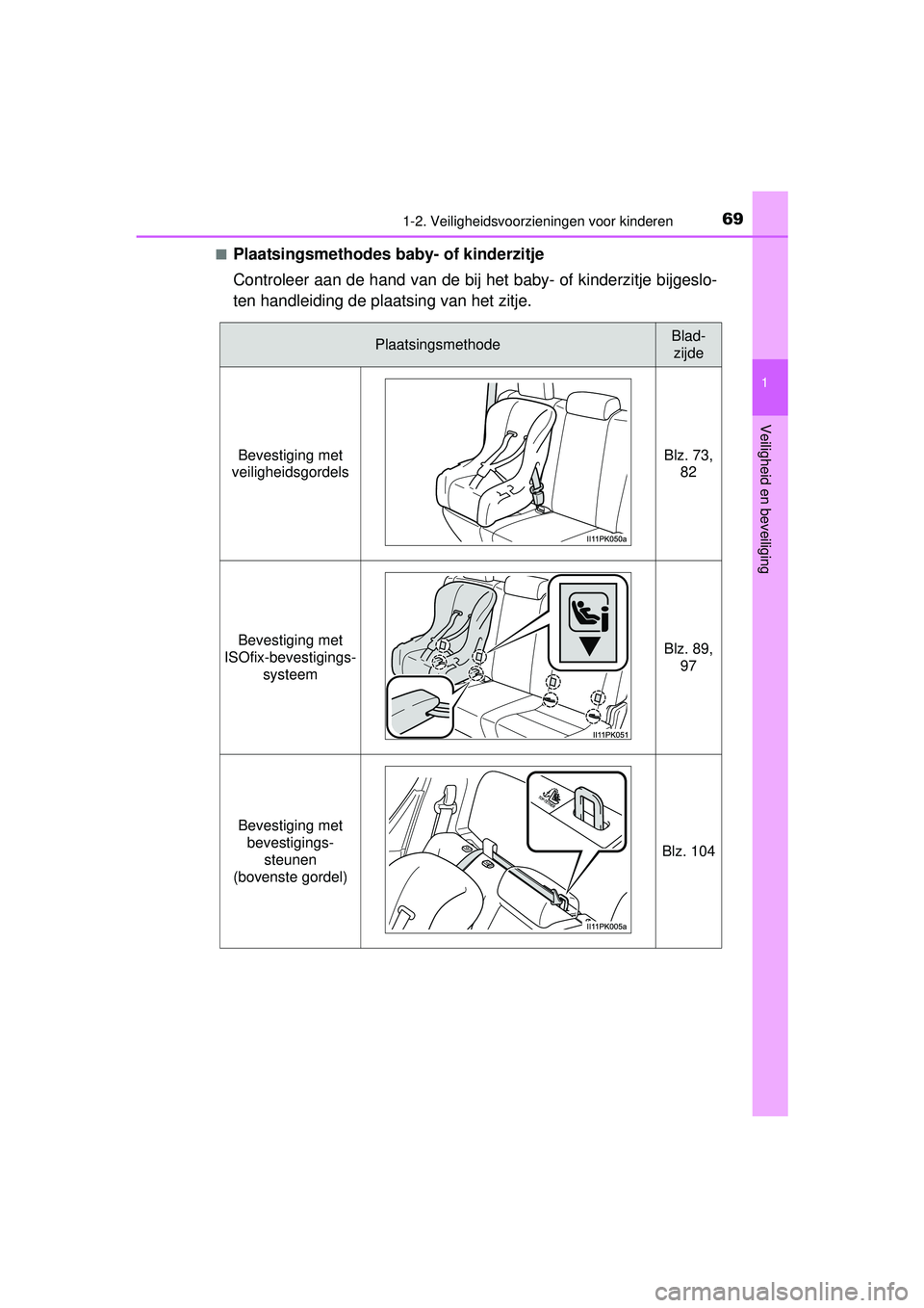 TOYOTA HILUX 2016  Instructieboekje (in Dutch) 691-2. Veiligheidsvoorzieningen voor kinderen
1
HILUX_OM_OM0K269E_(EE)
Veiligheid en beveiliging
■Plaatsingsmethodes baby- of kinderzitje
Controleer aan de hand van de bij het baby- of kinderzitje b
