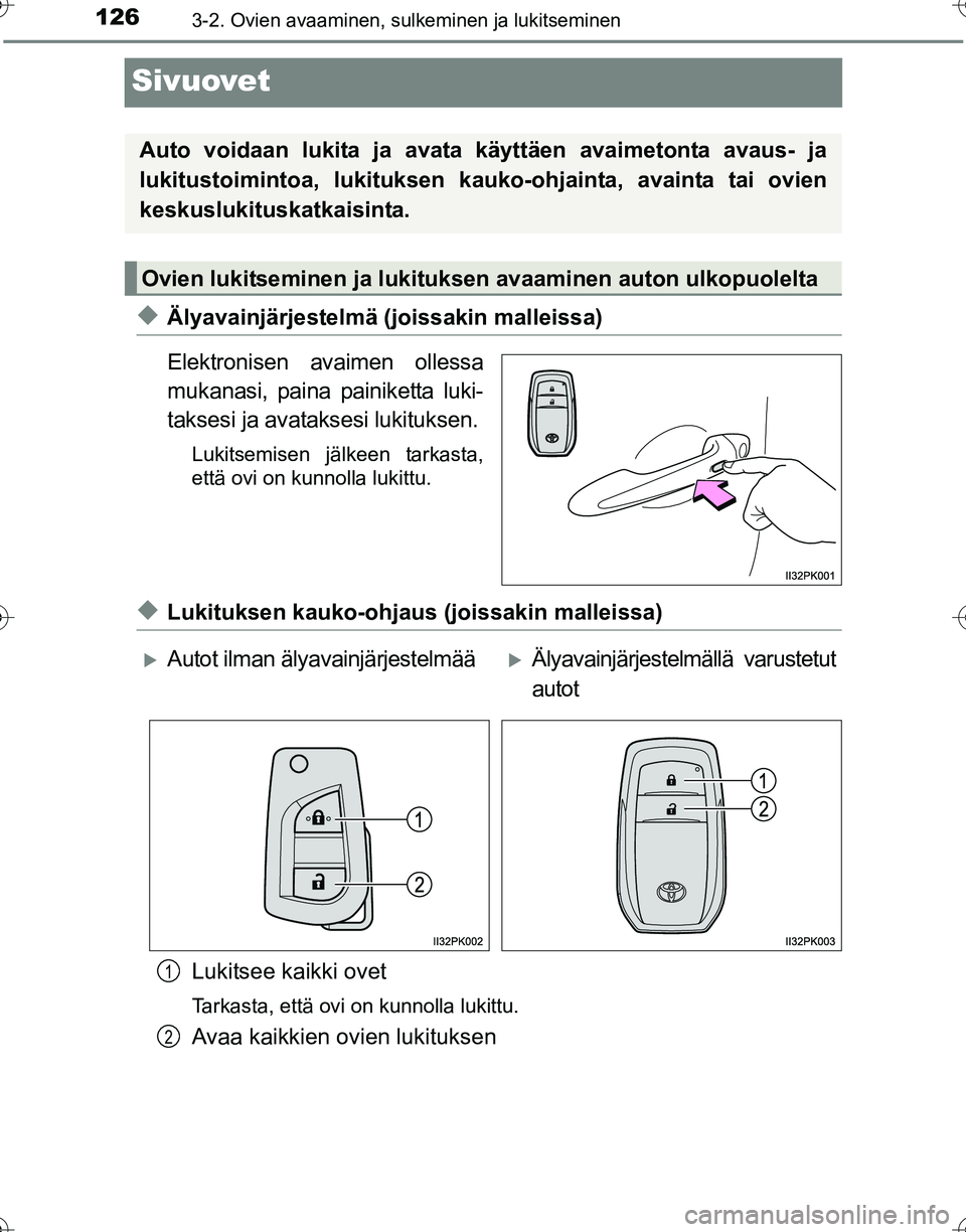 TOYOTA HILUX 2016  Omistajan Käsikirja (in Finnish) 1263-2. Ovien avaaminen, sulkeminen ja lukitseminen
OM0K269FI
Sivuovet
◆Älyavainjärjestelmä (joissakin malleissa)
Elektronisen avaimen ollessa
mukanasi, paina painiketta luki-
taksesi ja avatakse