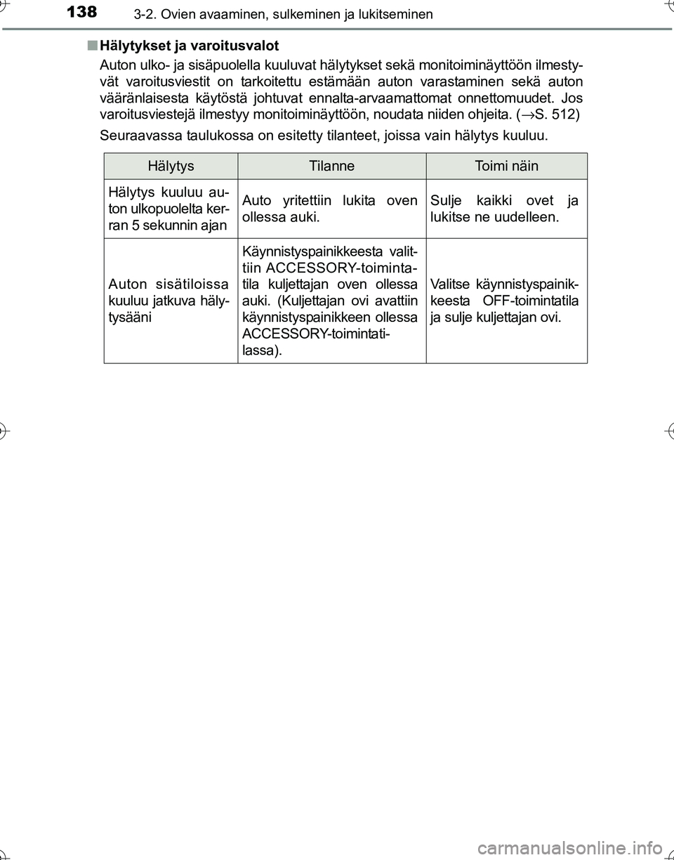 TOYOTA HILUX 2016 Omistajan Käsikirja (in Finnish) 1383-2. Ovien avaaminen, sulkeminen ja lukitseminen
OM0K269FI■
Hälytykset ja varoitusvalot
Auton ulko- ja sisäpuolella kuuluvat hä lytykset sekä monitoiminäyttöön ilmesty-
vät varoitusviesti TOYOTA HILUX 2016 Omistajan Käsikirja (in Finnish) 1383-2. Ovien avaaminen, sulkeminen ja lukitseminen
OM0K269FI■
Hälytykset ja varoitusvalot
Auton ulko- ja sisäpuolella kuuluvat hä lytykset sekä monitoiminäyttöön ilmesty-
vät varoitusviesti