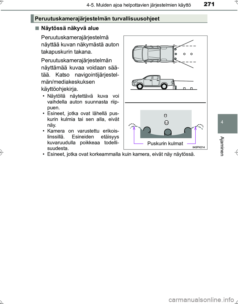 TOYOTA HILUX 2016  Omistajan Käsikirja (in Finnish) 2714-5. Muiden ajoa helpottavien järjestelmien käyttö
4
Ajaminen
OM0K269FI■
Näytössä näkyvä alue
Peruutuskamerajärjestelmä
näyttää kuvan näkymästä auton
takapuskurin takana.
Peruutus
