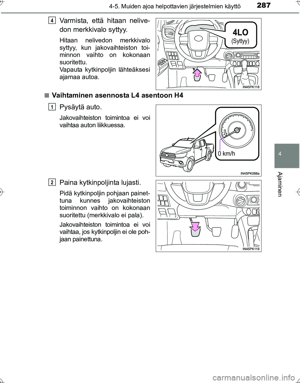 TOYOTA HILUX 2016  Omistajan Käsikirja (in Finnish) 2874-5. Muiden ajoa helpottavien järjestelmien käyttö
4
Ajaminen
OM0K269FI
Varmista, että hitaan nelive-
don merkkivalo syttyy.
Hitaan nelivedon merkkivalo
syttyy, kun jakovaihteiston toi-
minnon 