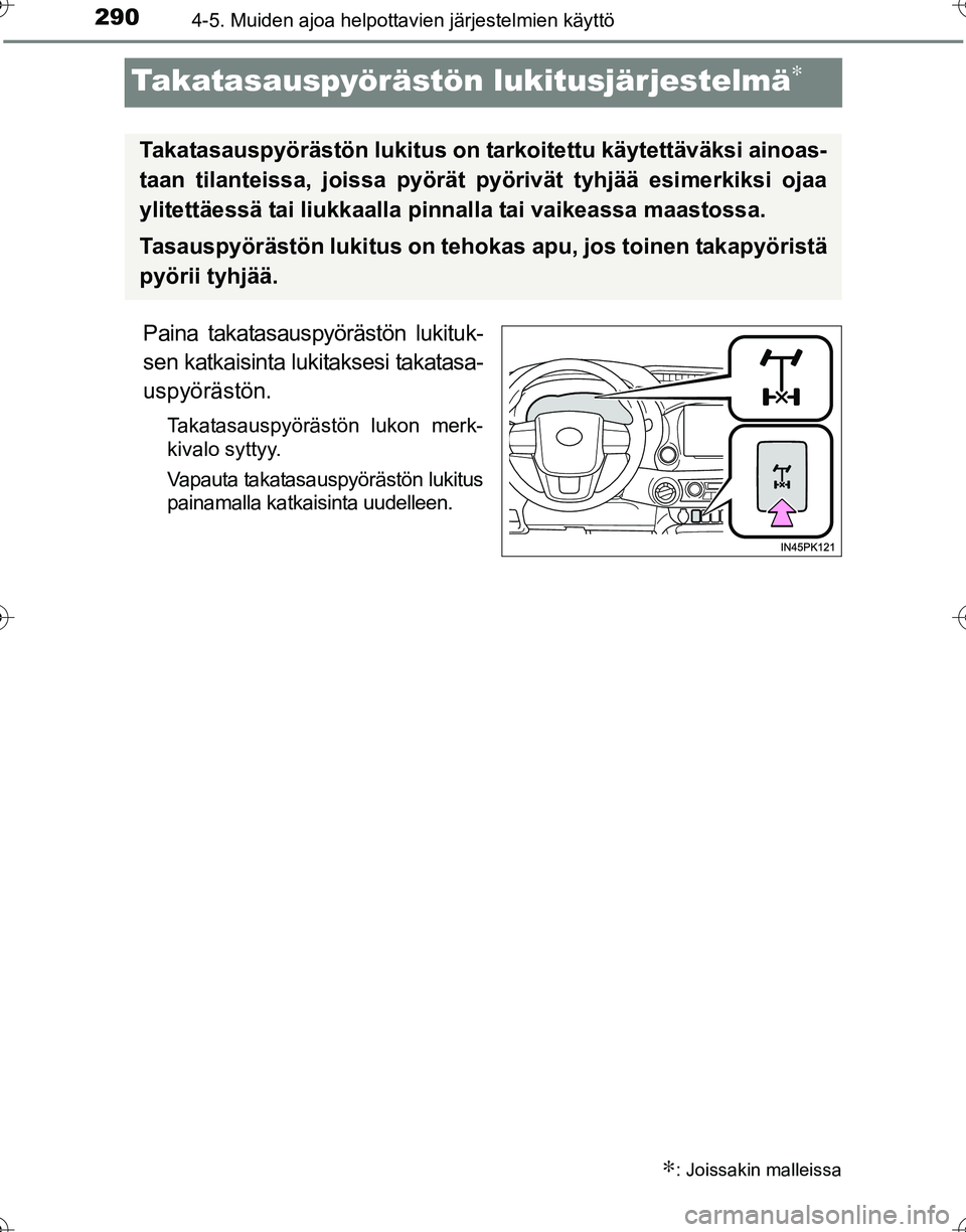 TOYOTA HILUX 2016  Omistajan Käsikirja (in Finnish) 2904-5. Muiden ajoa helpottavien järjestelmien käyttö
OM0K269FI
Takatasauspyörästön lukitusjärjestelmä∗
Paina takatasauspyörästön lukituk-
sen katkaisinta lukitaksesi takatasa-
uspyöräs