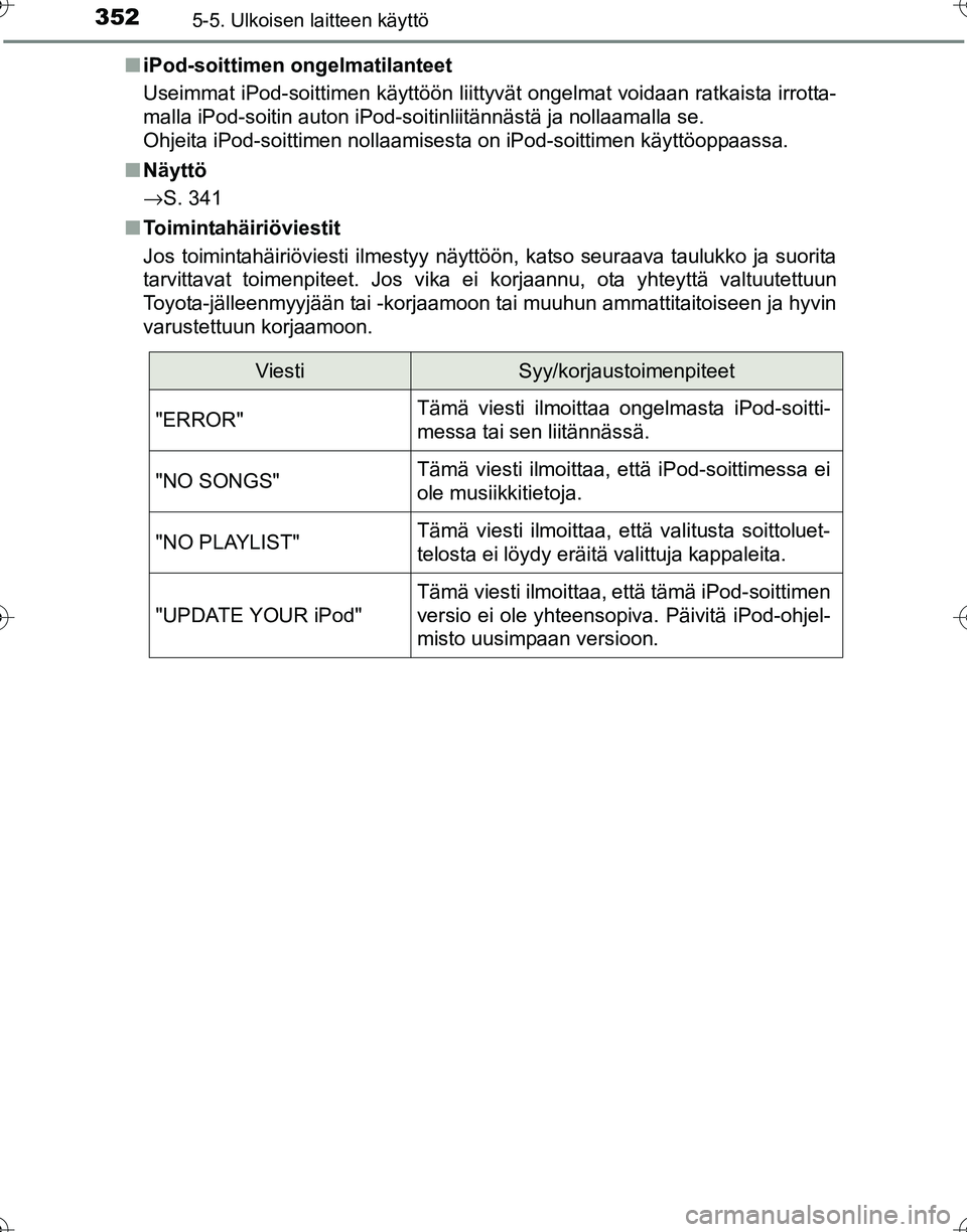 TOYOTA HILUX 2016  Omistajan Käsikirja (in Finnish) 3525-5. Ulkoisen laitteen käyttö
OM0K269FI■
iPod-soittimen ongelmatilanteet
Useimmat iPod-soittimen käyttöön liittyvät ongelmat voidaan ratkaista irrotta-
malla iPod-soitin auton iPod-soitinli