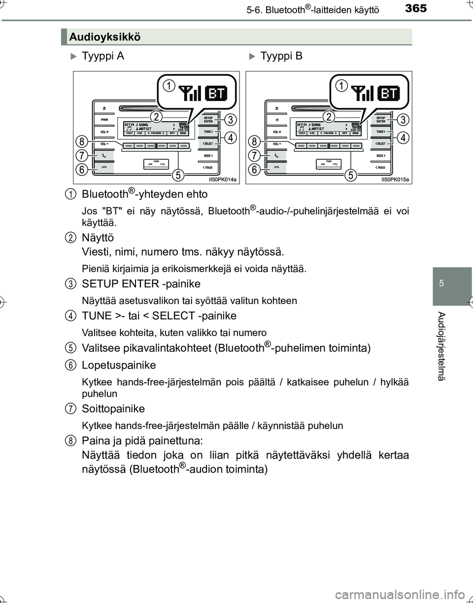 TOYOTA HILUX 2016  Omistajan Käsikirja (in Finnish) 3655-6. Bluetooth®-laitteiden käyttö
5
Audiojärjestelmä
OM0K269FI
Bluetooth®-yhteyden ehto
Jos "BT" ei näy näytössä, Bluetooth®-audio-/-puhelinjärjestelmää ei voi
käyttää.
Näyttö 
V
