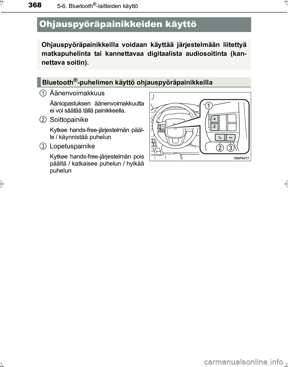 TOYOTA HILUX 2016  Omistajan Käsikirja (in Finnish) 3685-6. Bluetooth®-laitteiden käyttö
OM0K269FI
Ohjauspyöräpainikkeiden käyttö
Äänenvoimakkuus
Ääniopastuksen äänenvoimakkuutta
ei voi säätää tällä painikkeella.
Soittopainike
Kytkee