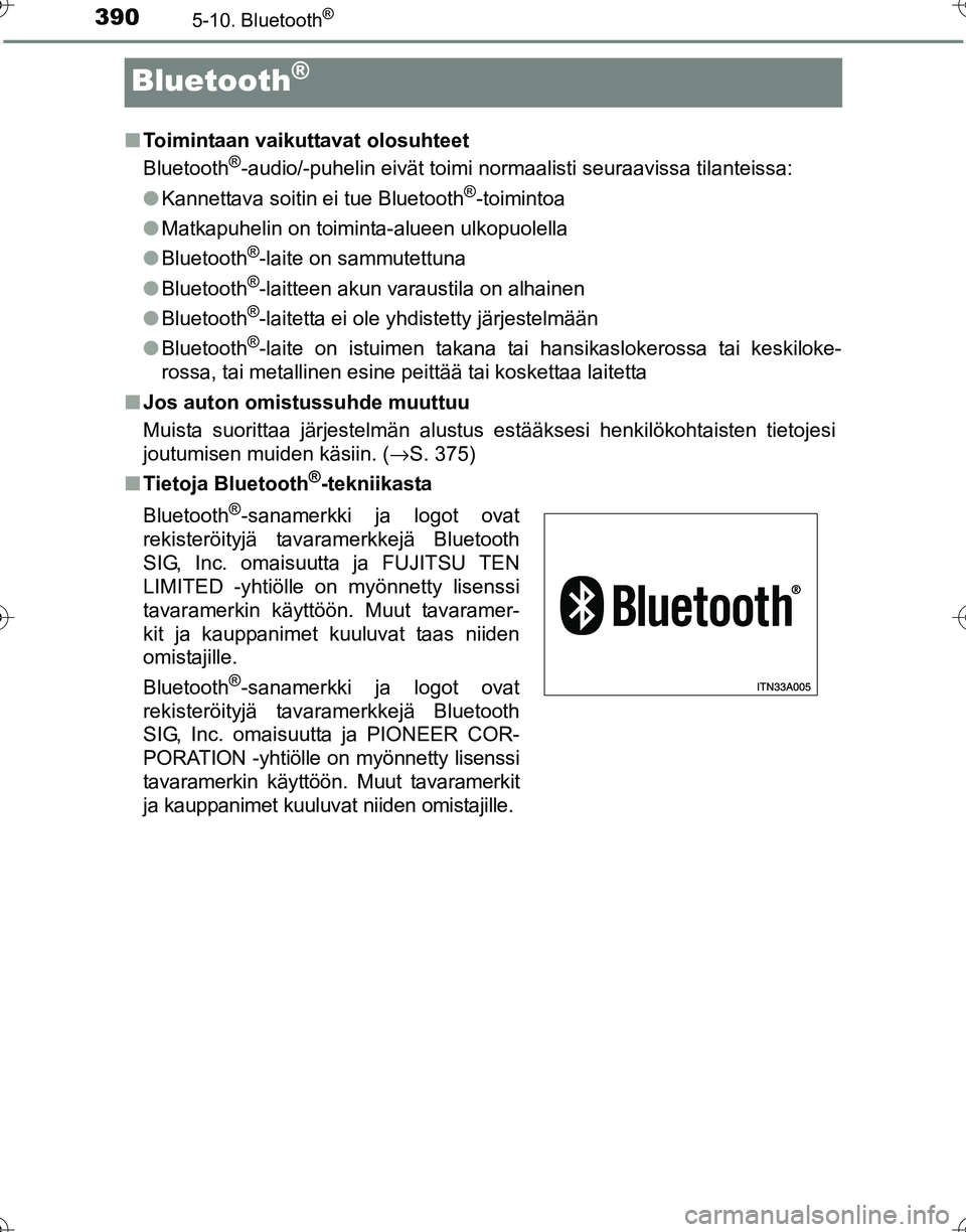 TOYOTA HILUX 2016 Omistajan Käsikirja (in Finnish) 3905-10. Bluetooth®
OM0K269FI
Bluetooth®
■Toimintaan vaikuttavat olosuhteet
Bluetooth®-audio/-puhelin eivät toimi normaalisti seuraavissa tilanteissa:
● Kannettava soitin ei tue Bluetooth
®-t TOYOTA HILUX 2016 Omistajan Käsikirja (in Finnish) 3905-10. Bluetooth®
OM0K269FI
Bluetooth®
■Toimintaan vaikuttavat olosuhteet
Bluetooth®-audio/-puhelin eivät toimi normaalisti seuraavissa tilanteissa:
● Kannettava soitin ei tue Bluetooth
®-t