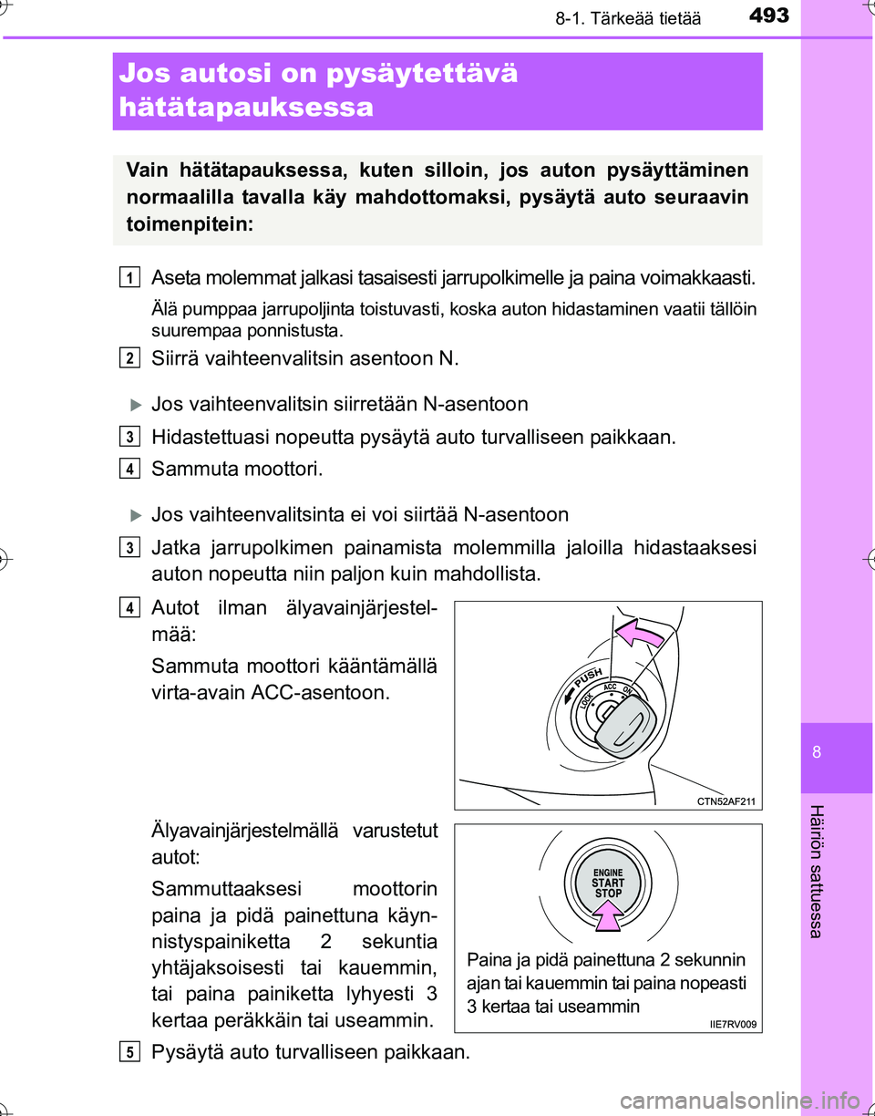TOYOTA HILUX 2016 Omistajan Käsikirja (in Finnish) 4938-1. Tärkeää tietää
OM0K269FI
8
Häiriön sattuessa
Jos autosi on pysäytettävä
hätätapauksessa
Aseta molemmat jalkasi tasaisesti jarrupolkimelle ja paina voimakkaasti.
Älä pumppaa jarr TOYOTA HILUX 2016 Omistajan Käsikirja (in Finnish) 4938-1. Tärkeää tietää
OM0K269FI
8
Häiriön sattuessa
Jos autosi on pysäytettävä
hätätapauksessa
Aseta molemmat jalkasi tasaisesti jarrupolkimelle ja paina voimakkaasti.
Älä pumppaa jarr
