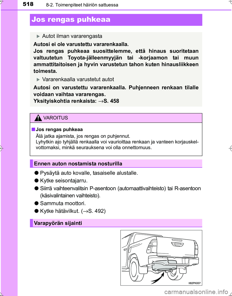 TOYOTA HILUX 2016 Omistajan Käsikirja (in Finnish) 5188-2. Toimenpiteet häiriön sattuessa
OM0K269FI
Jos rengas puhkeaa
●Pysäytä auto kovalle, tasaiselle alustalle.
● Kytke seisontajarru.
● Siirrä vaihteenvalitsin P-asentoon ( automaattivai TOYOTA HILUX 2016 Omistajan Käsikirja (in Finnish) 5188-2. Toimenpiteet häiriön sattuessa
OM0K269FI
Jos rengas puhkeaa
●Pysäytä auto kovalle, tasaiselle alustalle.
● Kytke seisontajarru.
● Siirrä vaihteenvalitsin P-asentoon ( automaattivai