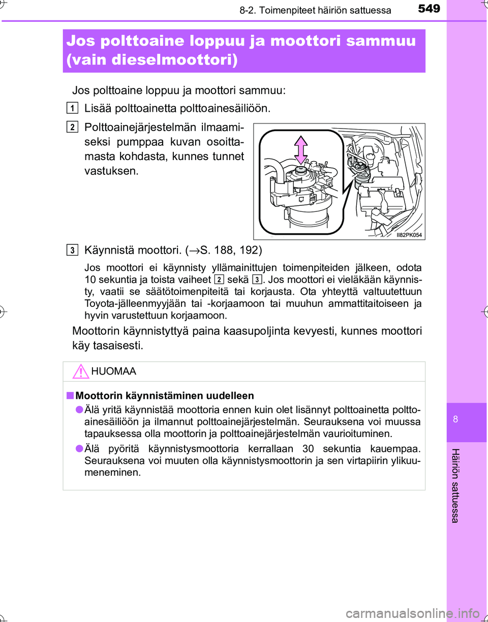 TOYOTA HILUX 2016 Omistajan Käsikirja (in Finnish) 5498-2. Toimenpiteet häiriön sattuessa
OM0K269FI
8
Häiriön sattuessa
Jos polttoaine loppuu ja moottori sammuu
(vain dieselmoottori)
Jos polttoaine loppuu ja moottori sammuu:
Lisää polttoainetta TOYOTA HILUX 2016 Omistajan Käsikirja (in Finnish) 5498-2. Toimenpiteet häiriön sattuessa
OM0K269FI
8
Häiriön sattuessa
Jos polttoaine loppuu ja moottori sammuu
(vain dieselmoottori)
Jos polttoaine loppuu ja moottori sammuu:
Lisää polttoainetta