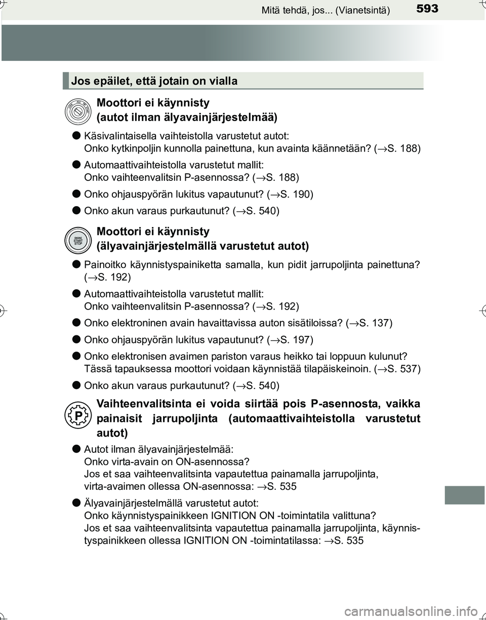 TOYOTA HILUX 2016 Omistajan Käsikirja (in Finnish) 593Mitä tehdä, jos... (Vianetsintä)
OM0K269FI
●Käsivalintaisella vaihteistolla varustetut autot:
Onko kytkinpoljin kunnolla painettuna, kun avainta käännetään? (→S. 188)
●Automaattivaiht TOYOTA HILUX 2016 Omistajan Käsikirja (in Finnish) 593Mitä tehdä, jos... (Vianetsintä)
OM0K269FI
●Käsivalintaisella vaihteistolla varustetut autot:
Onko kytkinpoljin kunnolla painettuna, kun avainta käännetään? (→S. 188)
●Automaattivaiht
