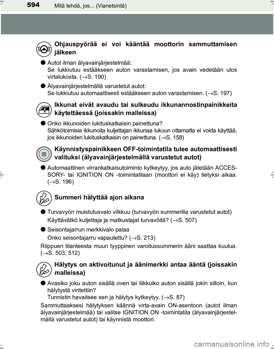 TOYOTA HILUX 2016 Omistajan Käsikirja (in Finnish) 594Mitä tehdä, jos... (Vianetsintä)
OM0K269FI
●Autot ilman älyavainjärjestelmää:
Se lukkiutuu estääkseen auton varastamisen, jos avain vedetään ulos
virtalukosta. (→S. 190)
●Älyavain TOYOTA HILUX 2016 Omistajan Käsikirja (in Finnish) 594Mitä tehdä, jos... (Vianetsintä)
OM0K269FI
●Autot ilman älyavainjärjestelmää:
Se lukkiutuu estääkseen auton varastamisen, jos avain vedetään ulos
virtalukosta. (→S. 190)
●Älyavain