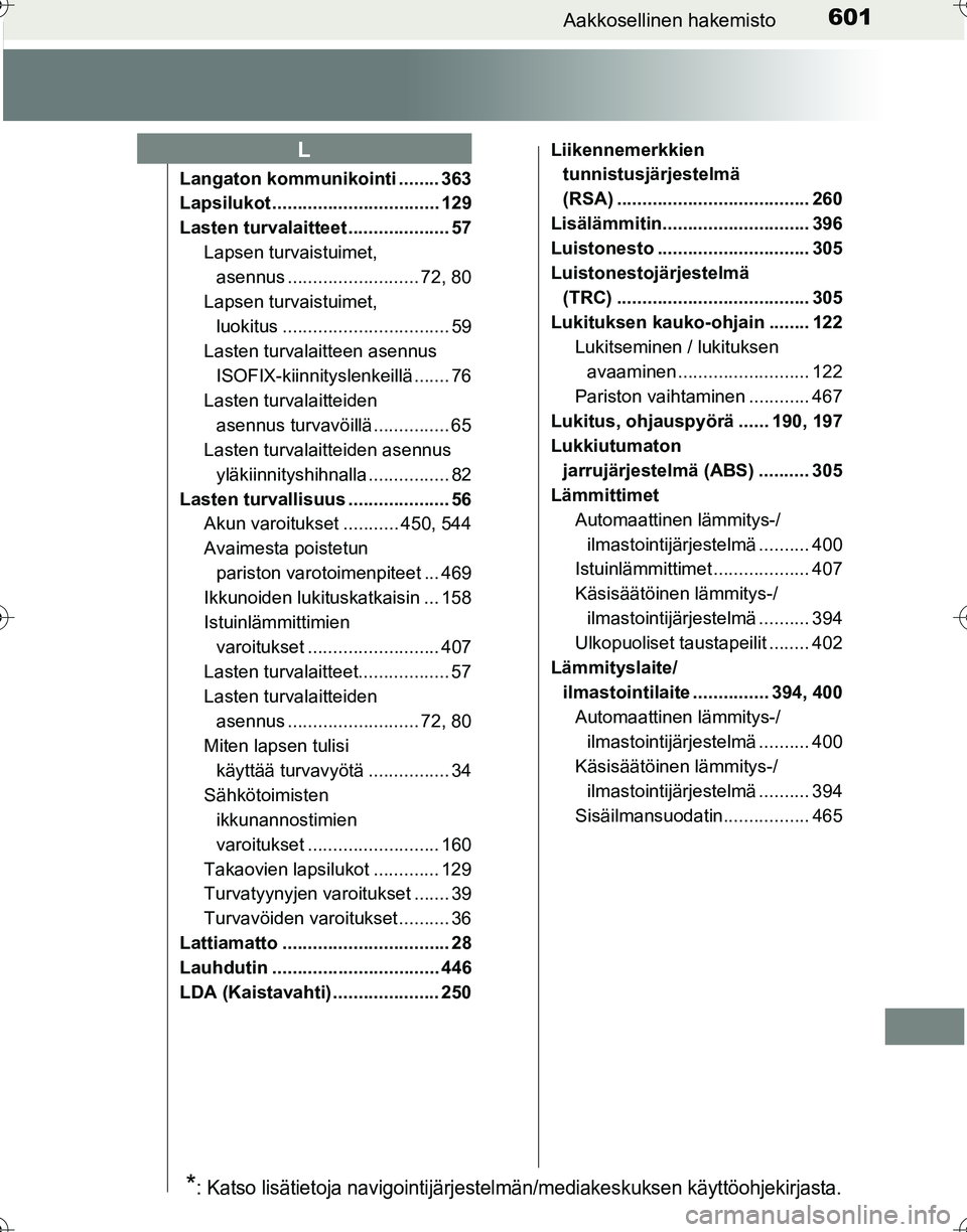TOYOTA HILUX 2016 Omistajan Käsikirja (in Finnish) 601Aakkosellinen hakemisto
OM0K269FI
Langaton kommunikointi ........ 363
Lapsilukot ................................. 129
Lasten turvalaitteet .................... 57
Lapsen turvaistuimet, asennus ... TOYOTA HILUX 2016 Omistajan Käsikirja (in Finnish) 601Aakkosellinen hakemisto
OM0K269FI
Langaton kommunikointi ........ 363
Lapsilukot ................................. 129
Lasten turvalaitteet .................... 57
Lapsen turvaistuimet, asennus ...