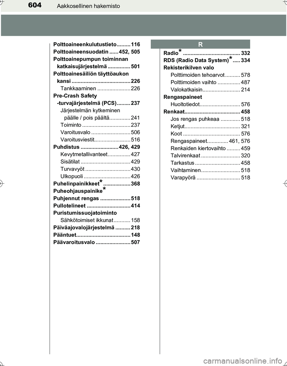TOYOTA HILUX 2016 Omistajan Käsikirja (in Finnish) 604Aakkosellinen hakemisto
OM0K269FI
Polttoaineenkulutustieto ......... 116
Polttoaineensuodatin ...... 452, 505
Polttoainepumpun toiminnan katkaisujärjestelmä ............... 501
Polttoainesäiliö TOYOTA HILUX 2016 Omistajan Käsikirja (in Finnish) 604Aakkosellinen hakemisto
OM0K269FI
Polttoaineenkulutustieto ......... 116
Polttoaineensuodatin ...... 452, 505
Polttoainepumpun toiminnan katkaisujärjestelmä ............... 501
Polttoainesäiliö