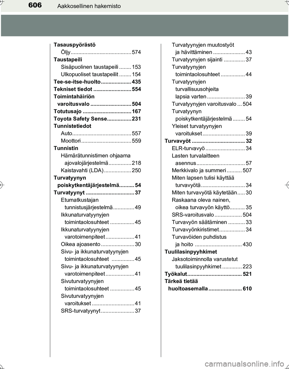 TOYOTA HILUX 2016 Omistajan Käsikirja (in Finnish) 606Aakkosellinen hakemisto
OM0K269FI
TasauspyörästöÖljy ........................................ 574
Taustapeili Sisäpuolinen taustapeili ........ 153
Ulkopuoliset taustapeilit ........ 154
Tee-s TOYOTA HILUX 2016 Omistajan Käsikirja (in Finnish) 606Aakkosellinen hakemisto
OM0K269FI
TasauspyörästöÖljy ........................................ 574
Taustapeili Sisäpuolinen taustapeili ........ 153
Ulkopuoliset taustapeilit ........ 154
Tee-s