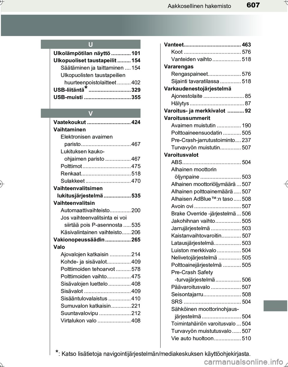 TOYOTA HILUX 2016 Omistajan Käsikirja (in Finnish) 607Aakkosellinen hakemisto
OM0K269FI
Ulkolämpötilan näyttö ............. 101
Ulkopuoliset taustapeilit ......... 154Säätäminen ja taittaminen .... 154
Ulkopuolisten taustapeilien huurteenpoisto TOYOTA HILUX 2016 Omistajan Käsikirja (in Finnish) 607Aakkosellinen hakemisto
OM0K269FI
Ulkolämpötilan näyttö ............. 101
Ulkopuoliset taustapeilit ......... 154Säätäminen ja taittaminen .... 154
Ulkopuolisten taustapeilien huurteenpoisto