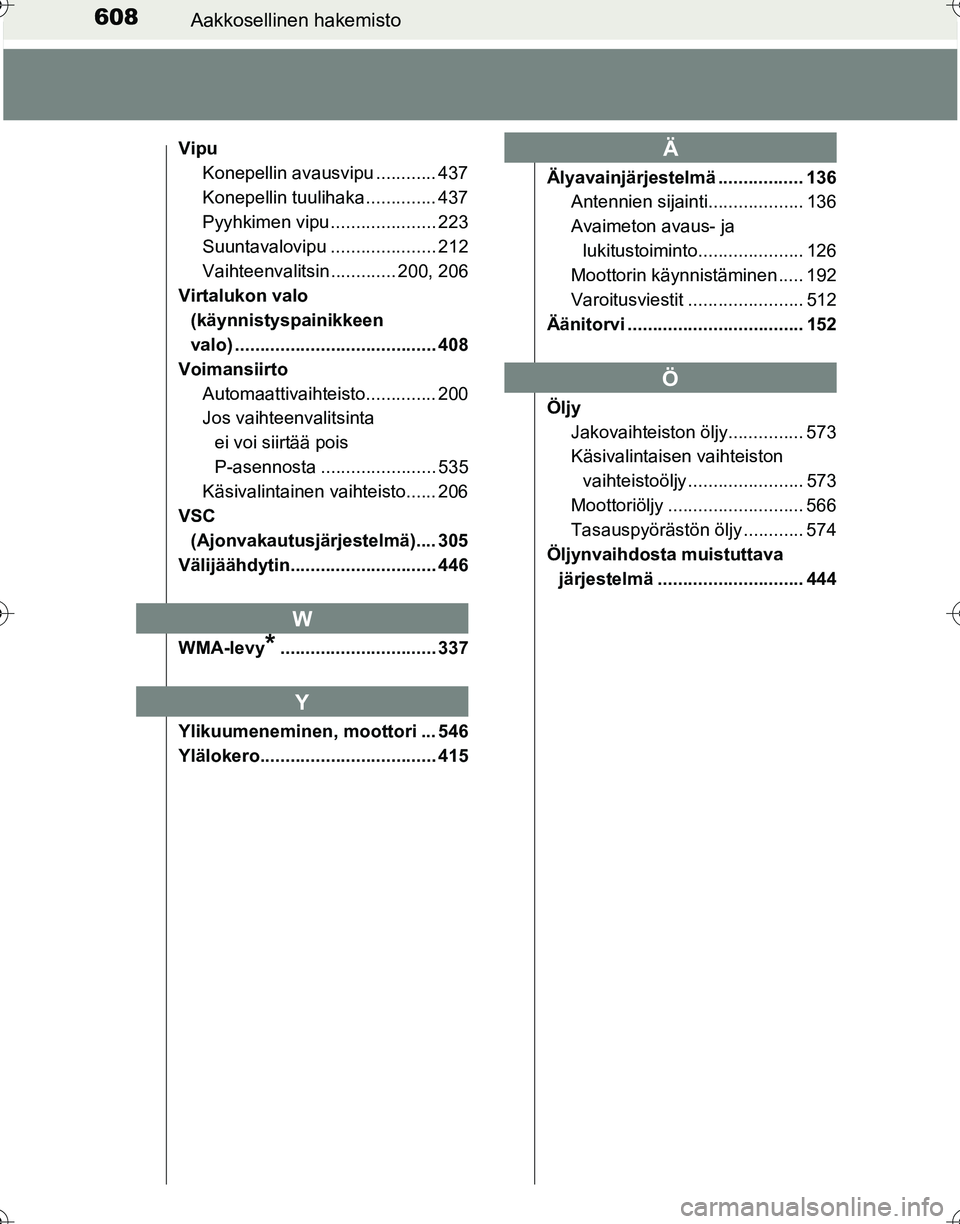 TOYOTA HILUX 2016 Omistajan Käsikirja (in Finnish) 608Aakkosellinen hakemisto
OM0K269FI
VipuKonepellin avausvipu ............ 437
Konepellin tuulihaka .............. 437
Pyyhkimen vipu ..................... 223
Suuntavalovipu ..................... 212 TOYOTA HILUX 2016 Omistajan Käsikirja (in Finnish) 608Aakkosellinen hakemisto
OM0K269FI
VipuKonepellin avausvipu ............ 437
Konepellin tuulihaka .............. 437
Pyyhkimen vipu ..................... 223
Suuntavalovipu ..................... 212