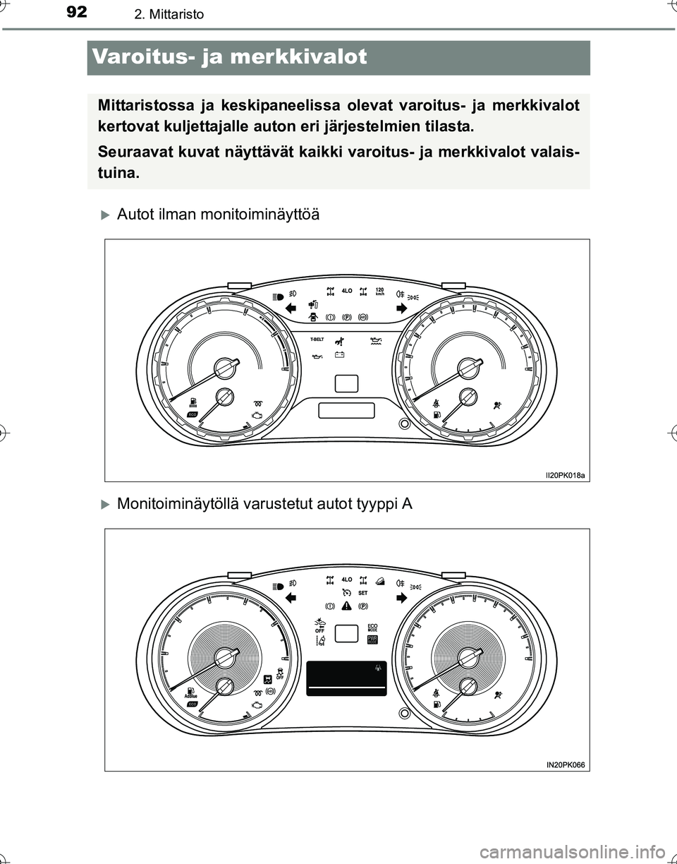 TOYOTA HILUX 2016  Omistajan Käsikirja (in Finnish) 922. Mittaristo
OM0K269FI
Varoitus- ja merkkivalot
�XAutot ilman monitoiminäyttöä
�XMonitoiminäytöllä varustetut autot tyyppi A
Mittaristossa ja keskipaneelissa  olevat varoitus- ja merkkivalot
