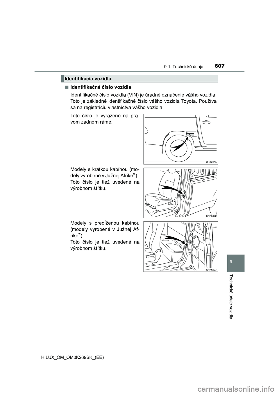 TOYOTA HILUX 2016  Návod na použitie (in Slovakian) 607
9
9-1. Technické údaje
Technické údaje vozidla
HILUX_OM_OM0K269SK_(EE)■
Identifikačné číslo vozidla
Identifikačné číslo vozidla (VIN) je úradné označenie vášho vozidla.
Toto je 